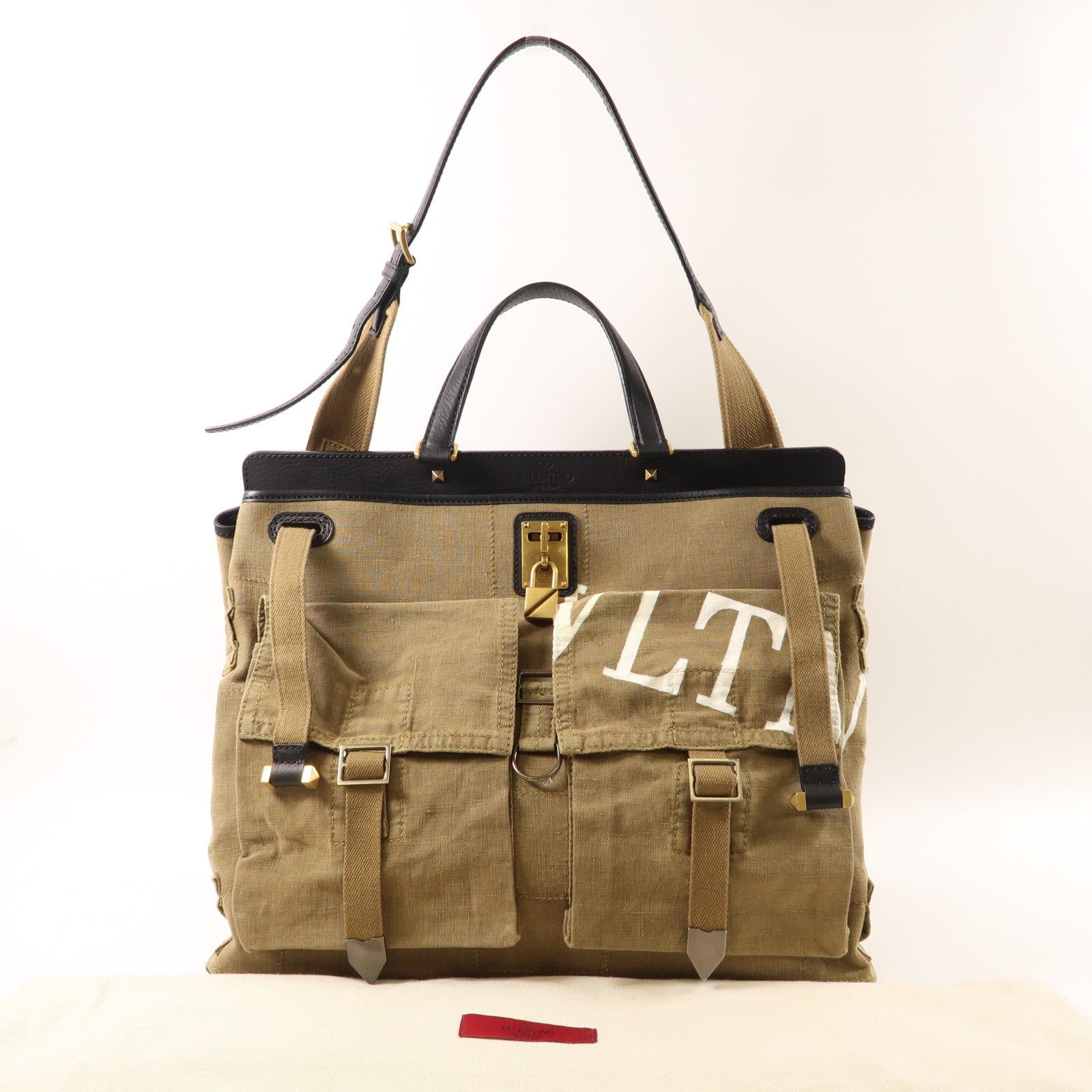 Valentino 帆布/牛皮皮革2 Way Bag金扣手挽肩背兩用袋黑色/卡其色