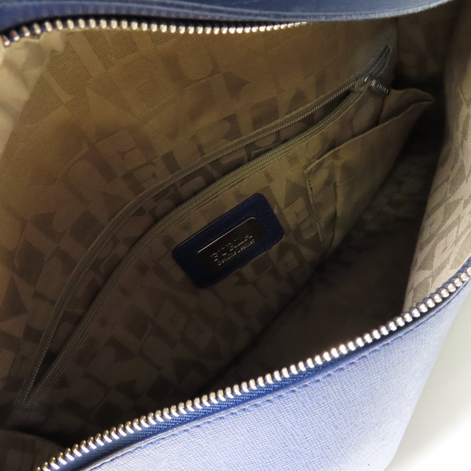 Furla 牛皮皮革2 Way Bag銀扣手挽肩背兩用袋藍色