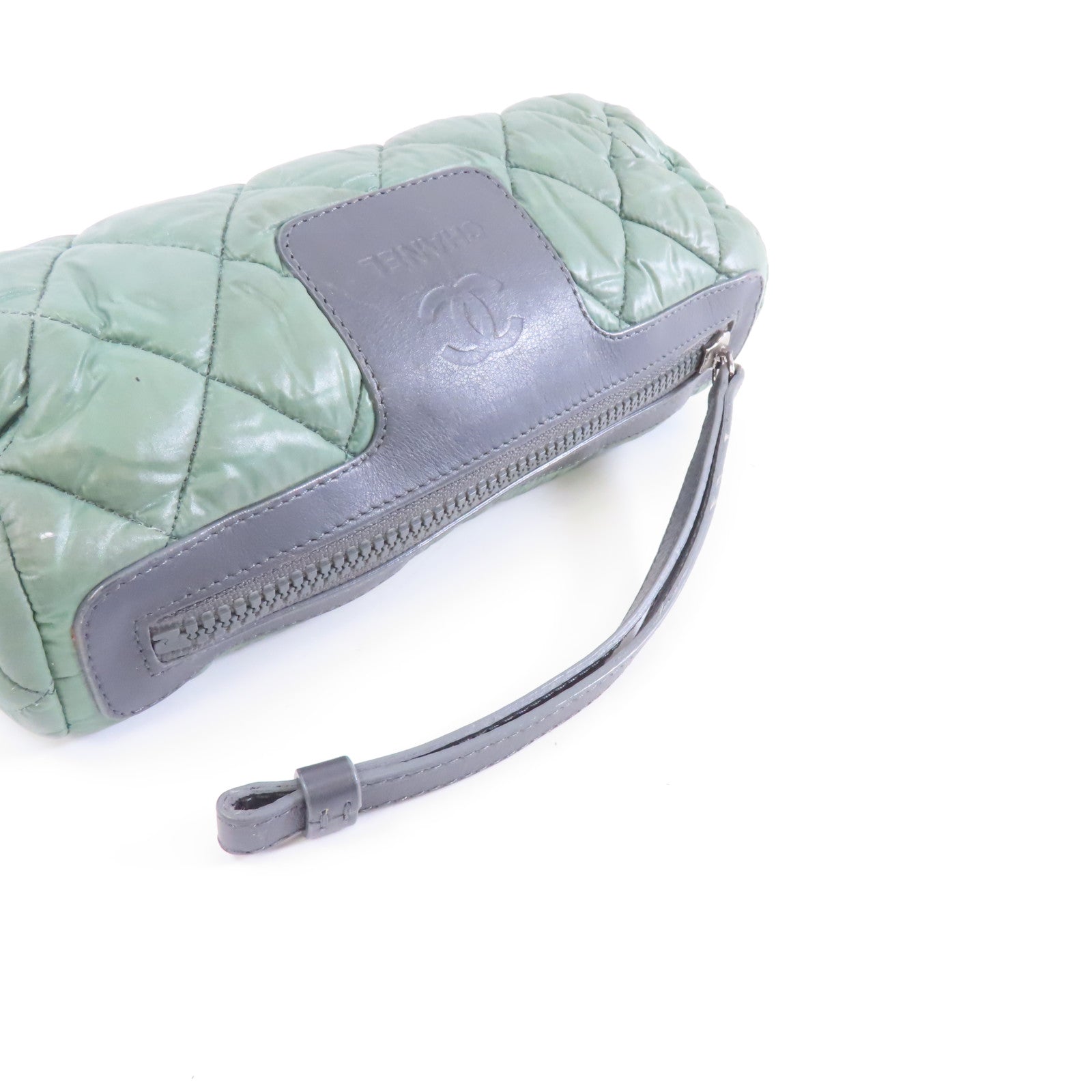 CHANEL 菱格尼龍Clutch Bag銀扣手拿包綠色