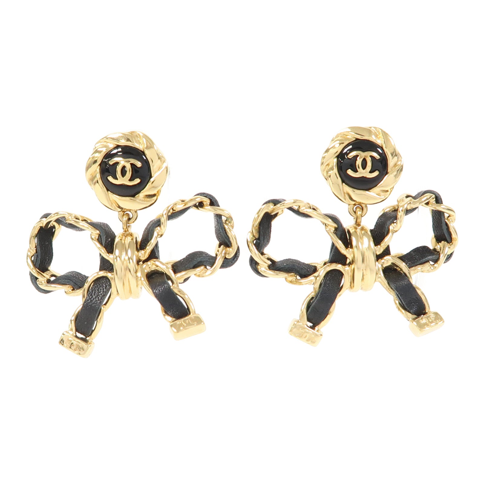 CHANEL 金屬/皮革Leather Bow Earrings耳環金色/黑色