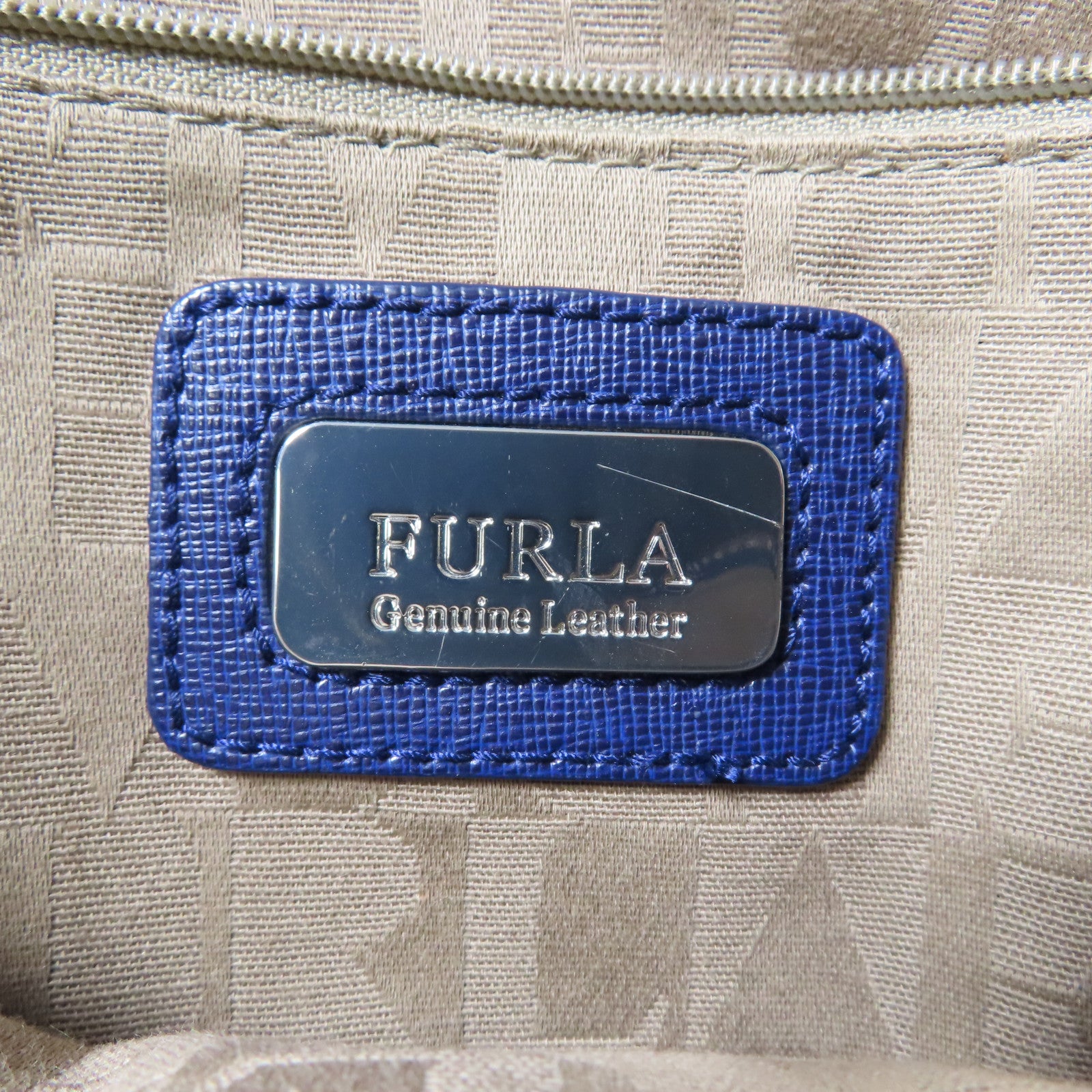 Furla 牛皮皮革2 Way Bag銀扣手挽肩背兩用袋藍色