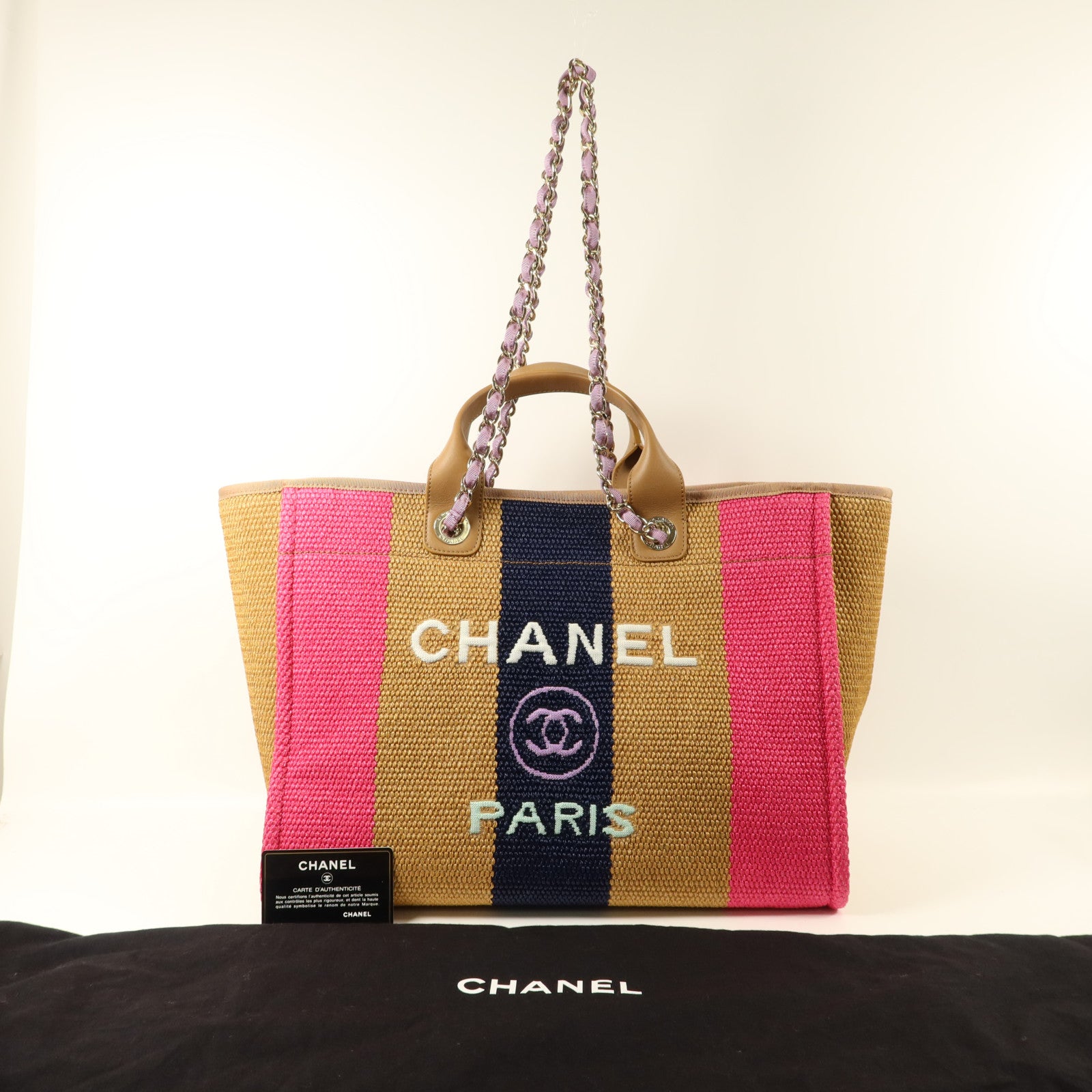 CHANEL Raffia Striped Straw Raffia Deauville Tote金扣手挽肩背兩用袋