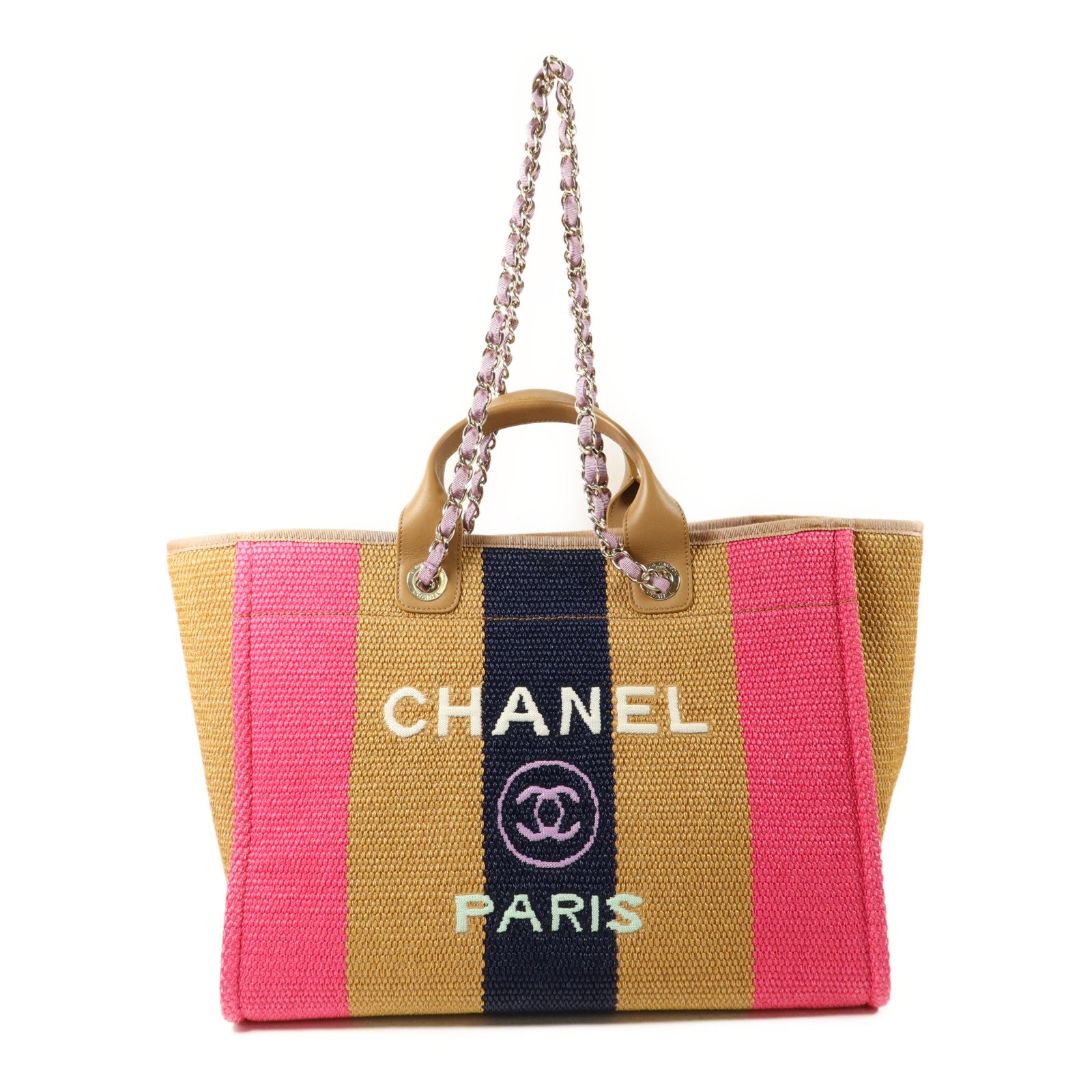 CHANEL Raffia Striped Straw Raffia Deauville Tote金扣手挽肩背兩用袋