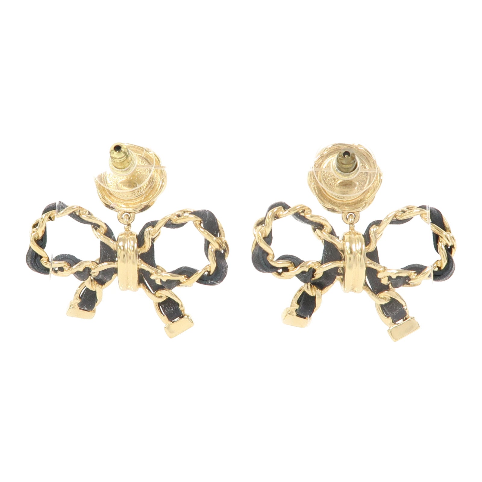 CHANEL 金屬/皮革Leather Bow Earrings耳環金色/黑色