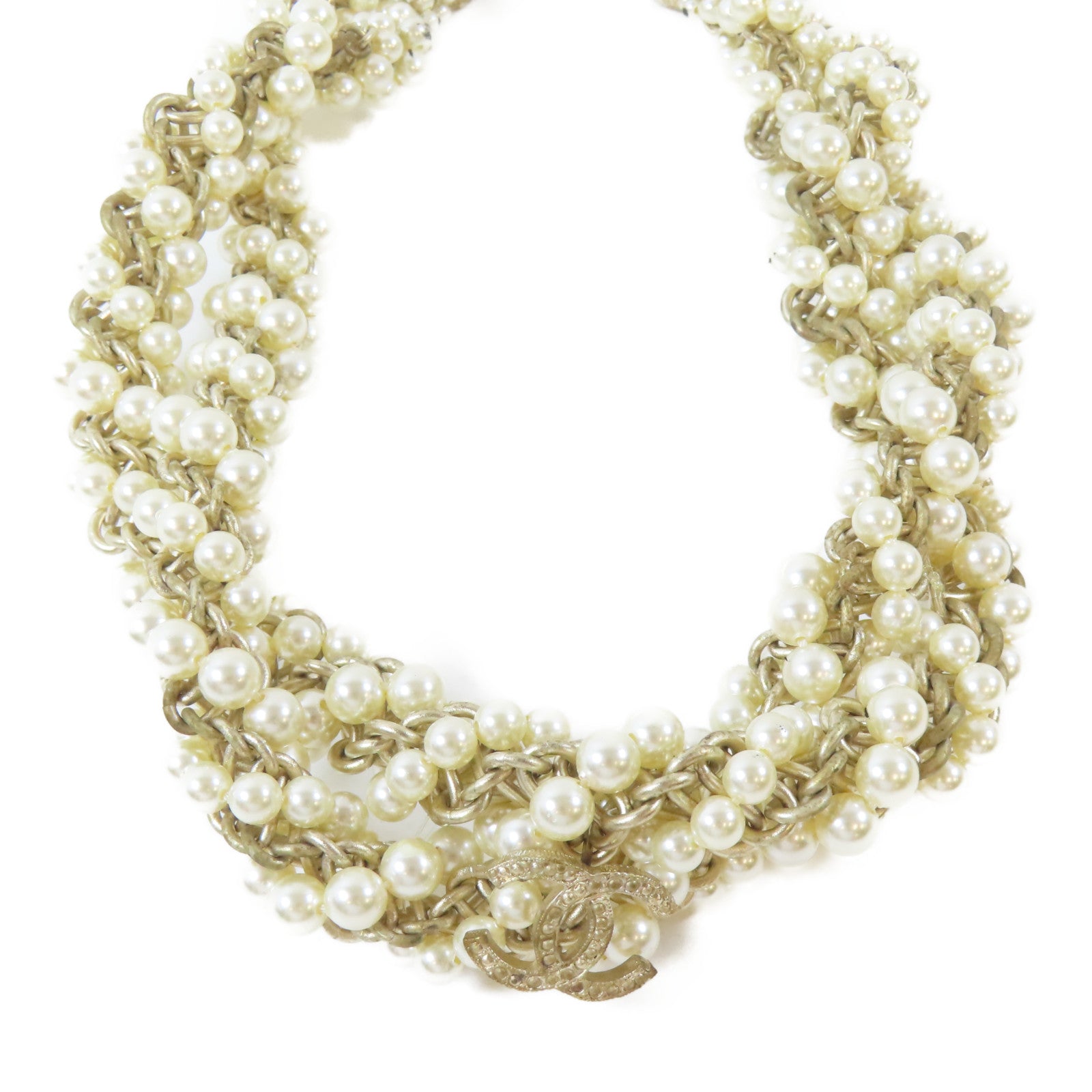 CHANEL PVC/金屬Twist Pearl Choker項鍊白色