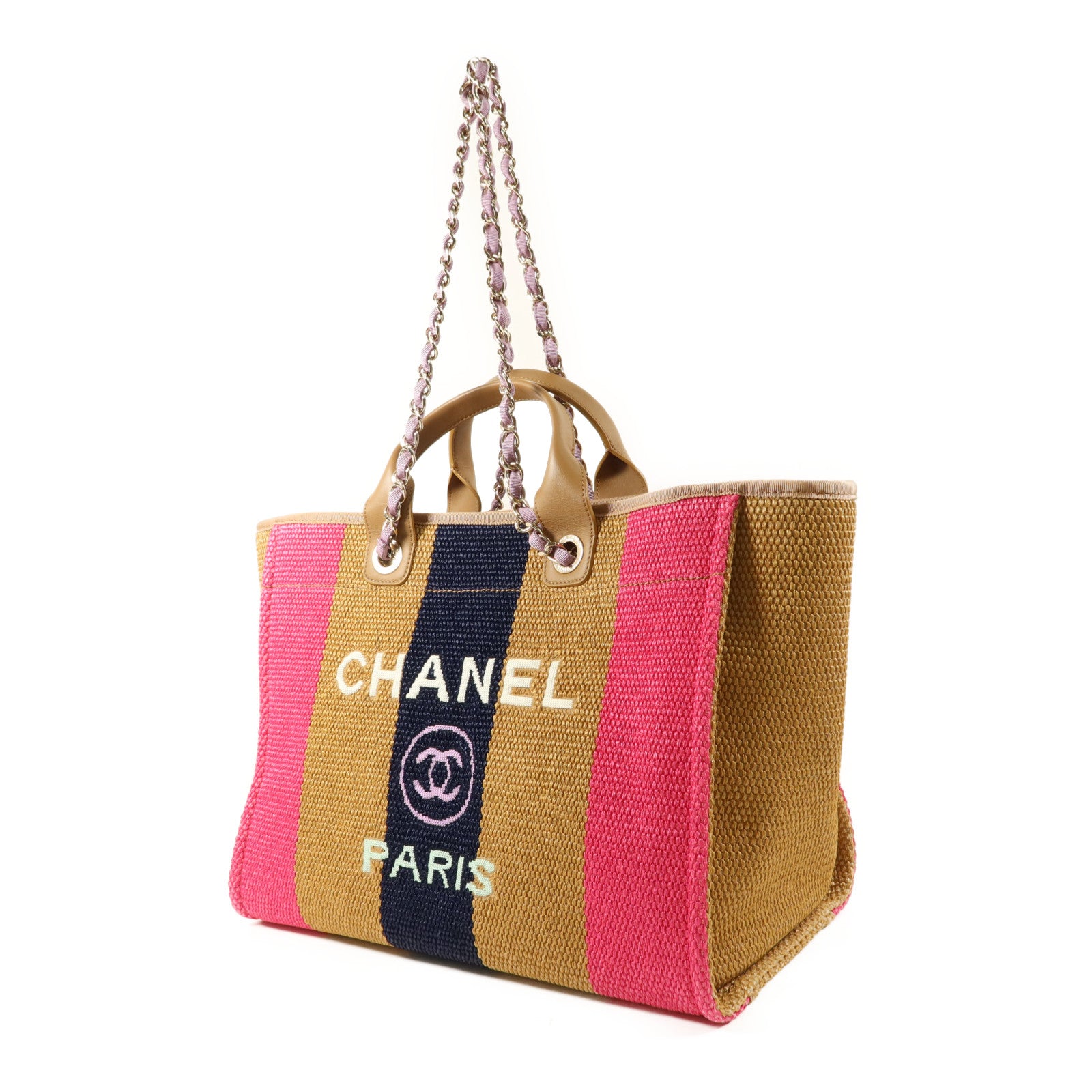 CHANEL Raffia Striped Straw Raffia Deauville Tote金扣手挽肩背兩用袋