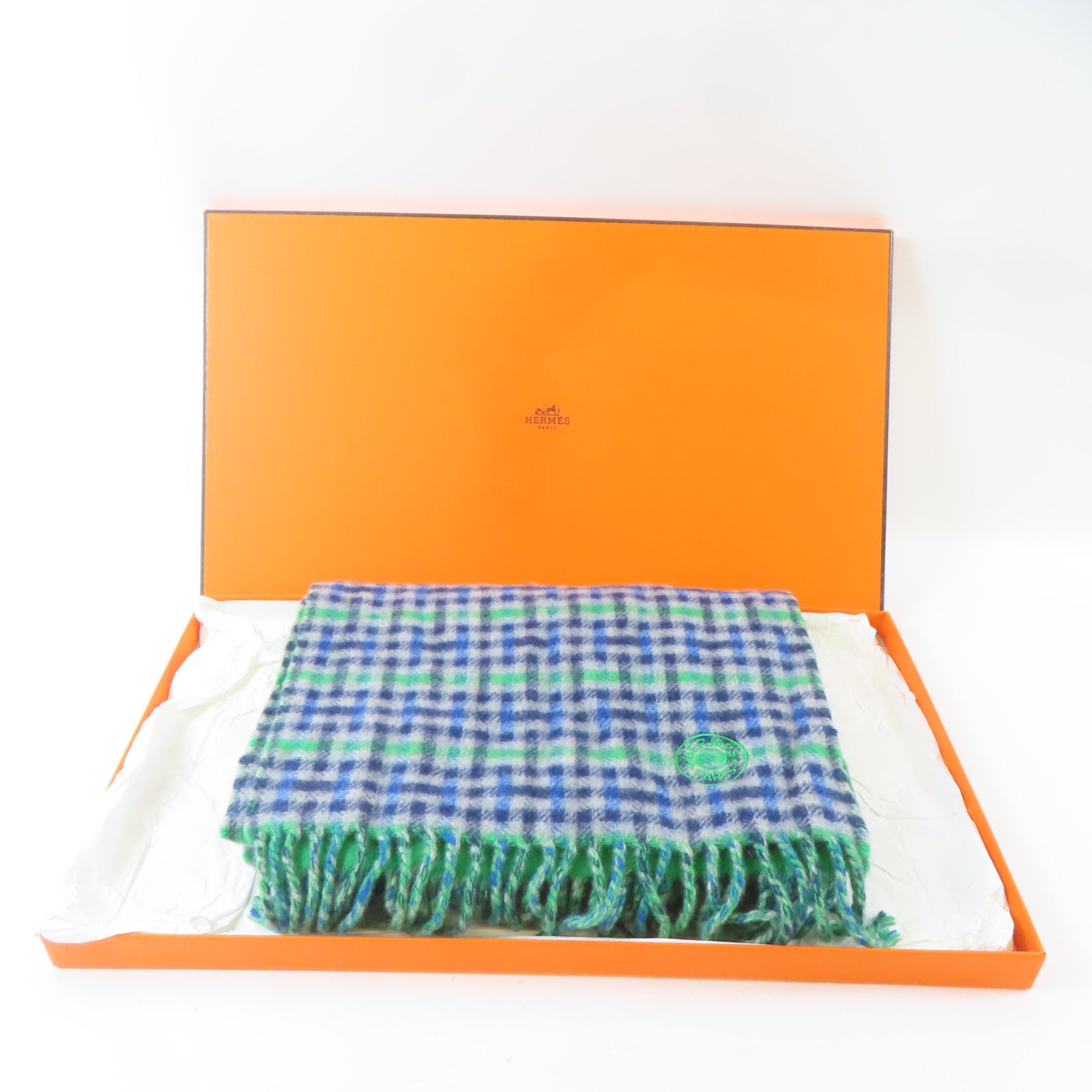HERMES 羊絨Scarf圍巾綠色/藍色