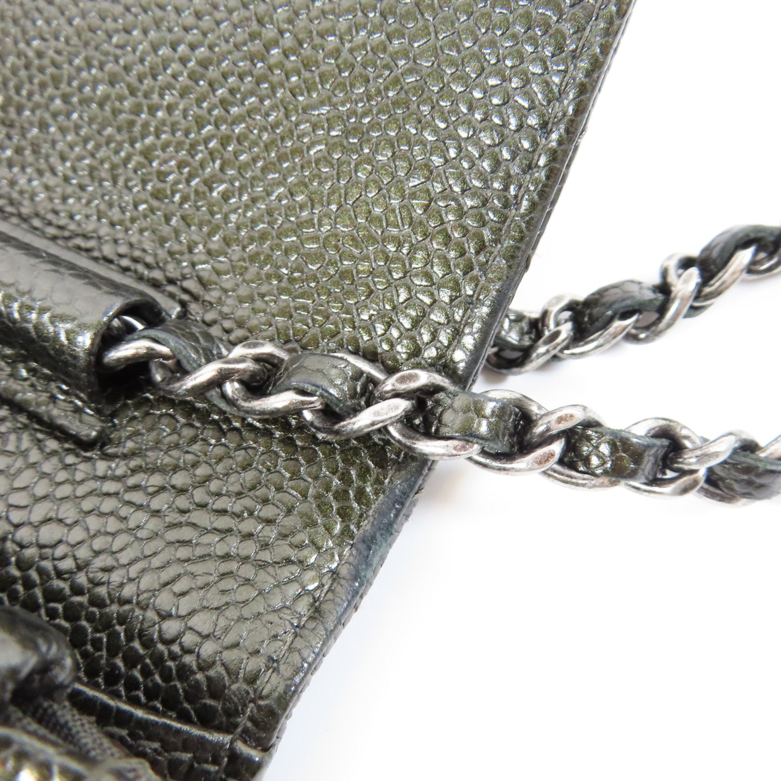 CHANEL 菱格Caviar皮革Wallet On Chain銀扣鏈帶肩背袋灰色