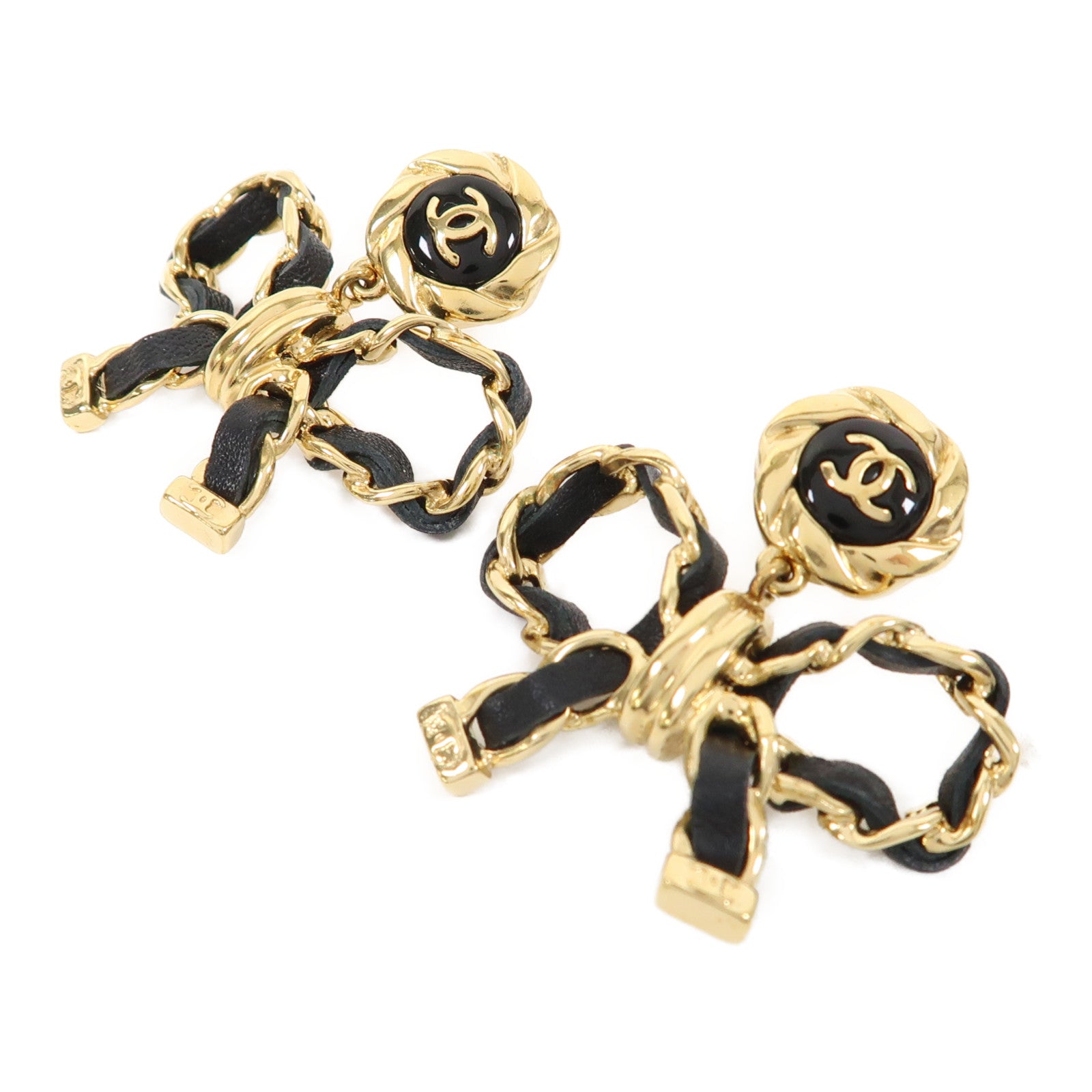CHANEL 金屬/皮革Leather Bow Earrings耳環金色/黑色