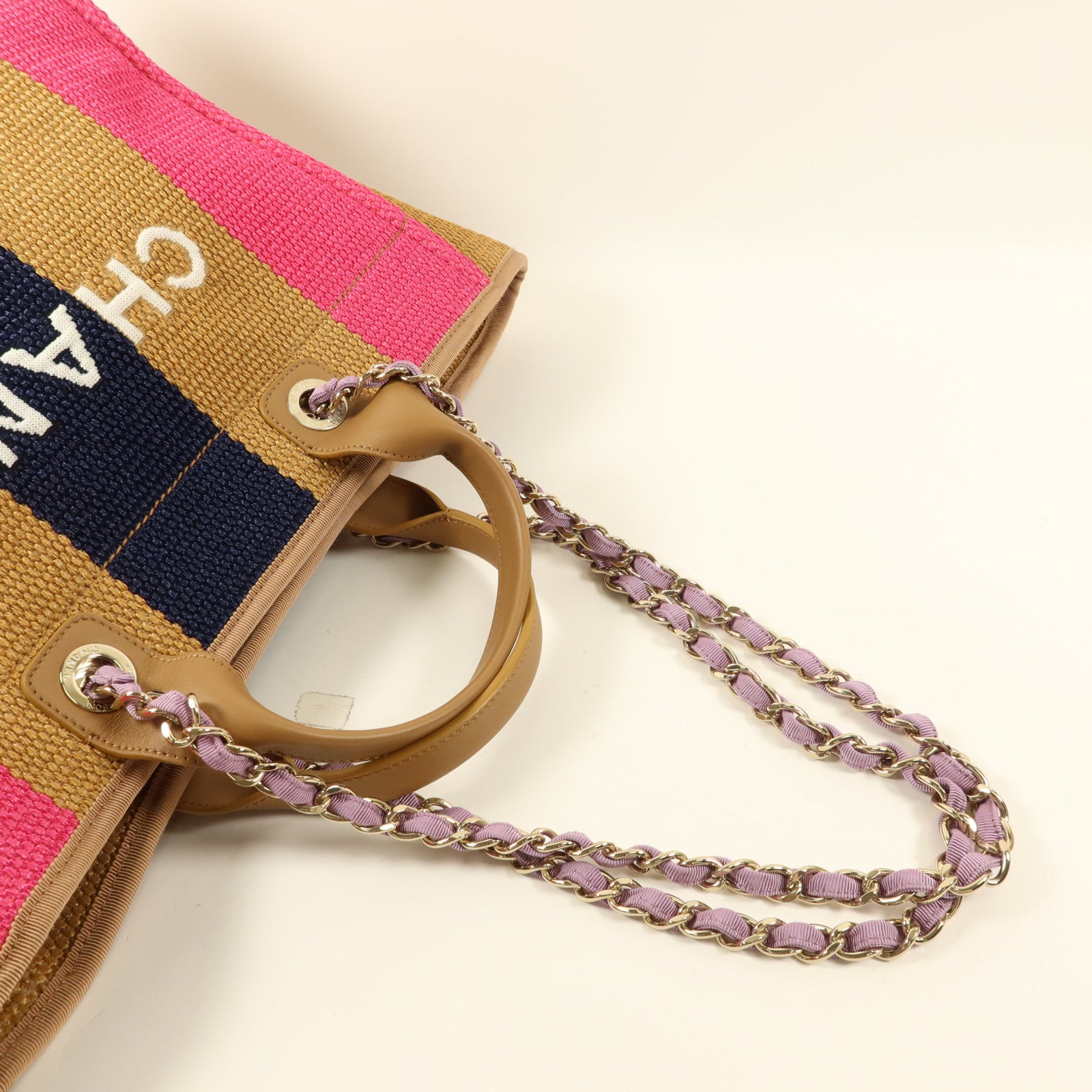 CHANEL Raffia Striped Straw Raffia Deauville Tote金扣手挽肩背兩用袋