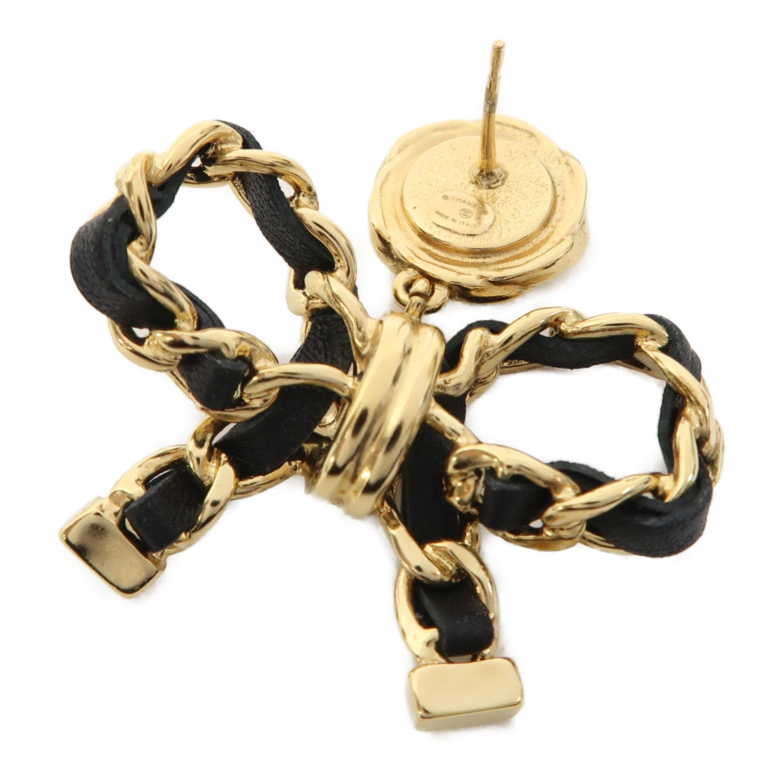 CHANEL 金屬/皮革Leather Bow Earrings耳環金色/黑色