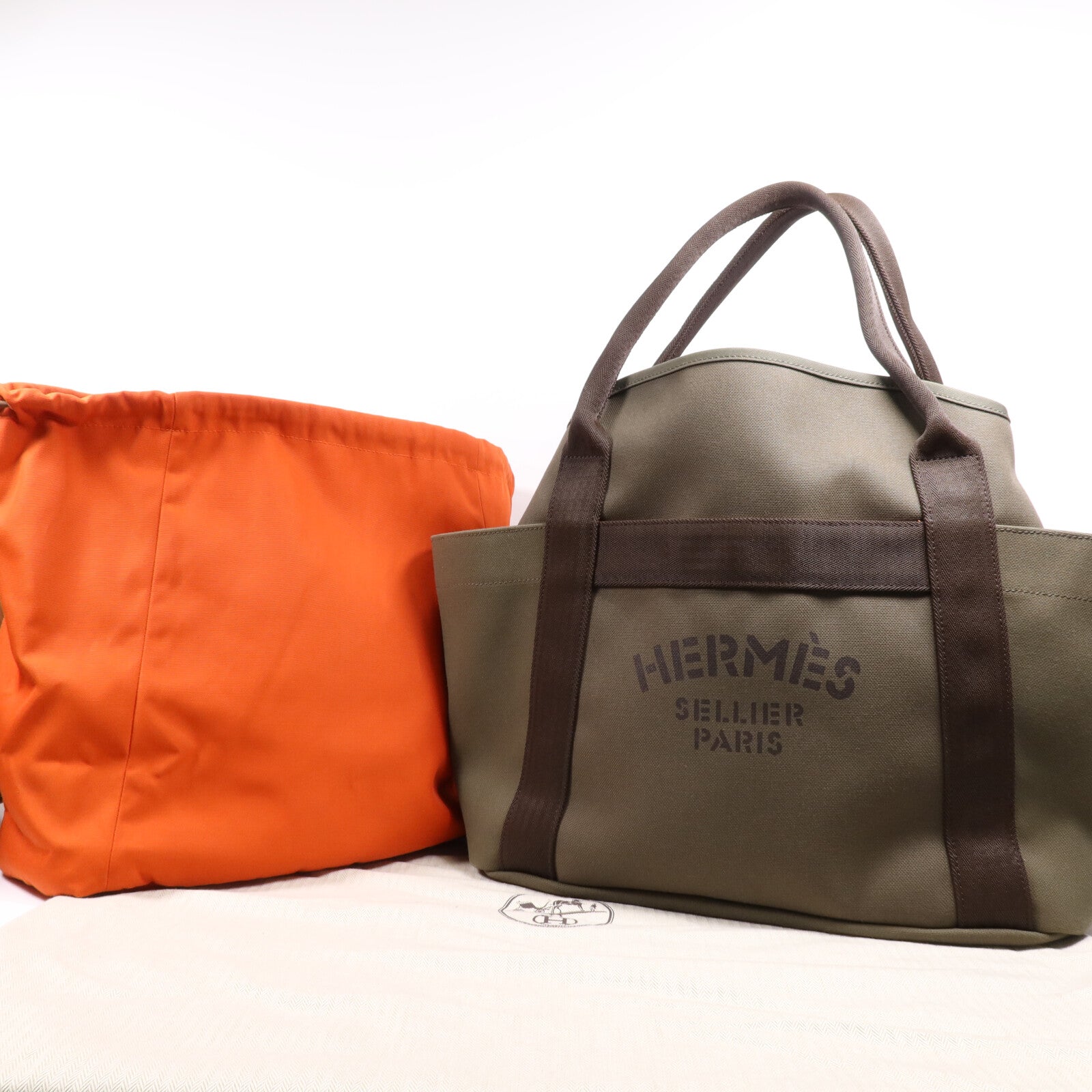 HERMES 【激減優惠】帆布Sac De Pansage Groom銀扣手挽肩背兩用袋Green