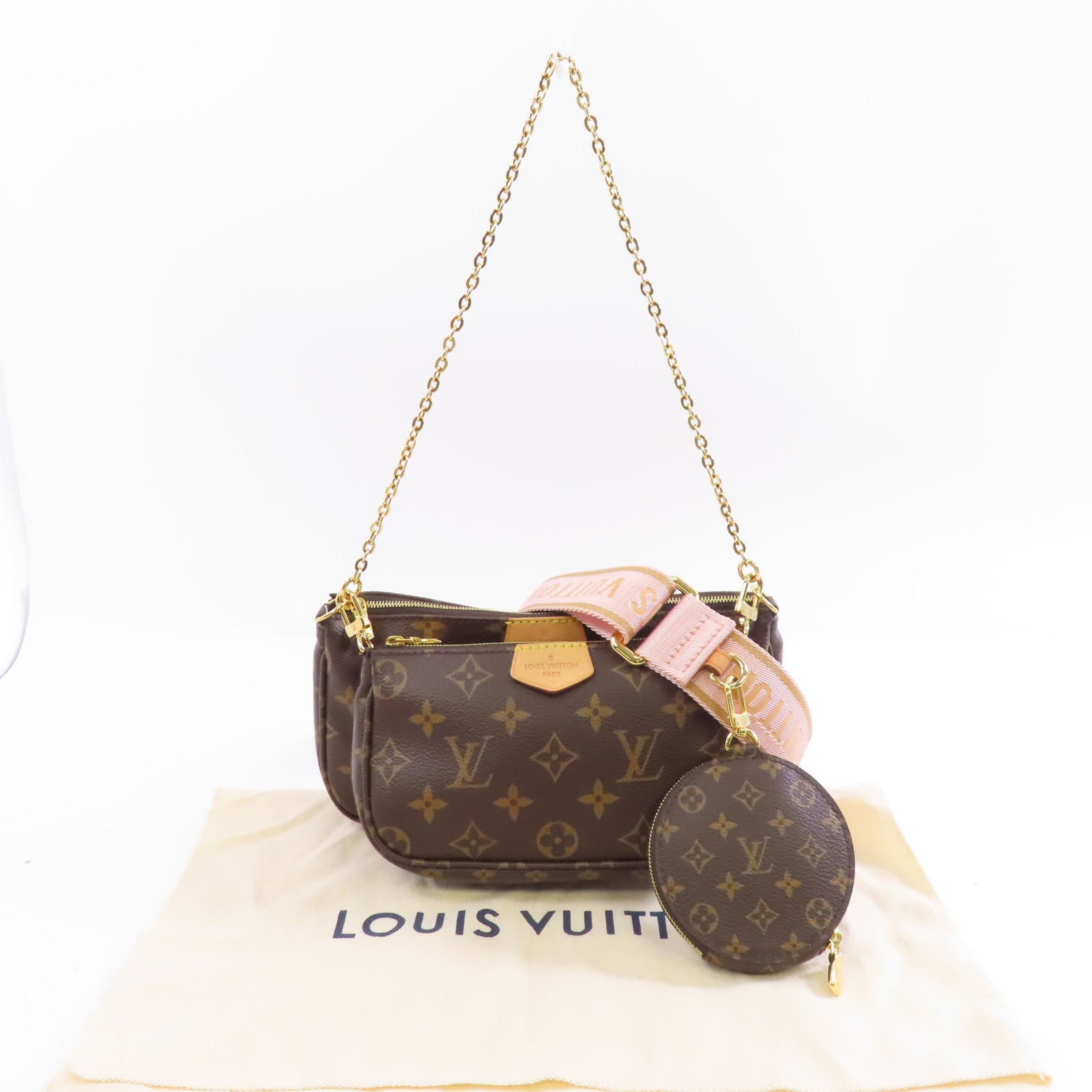 LOUIS VUITTON Monogram Multi Pochette Accessoires金扣鏈帶手挽肩背兩用袋啡色/粉紅色