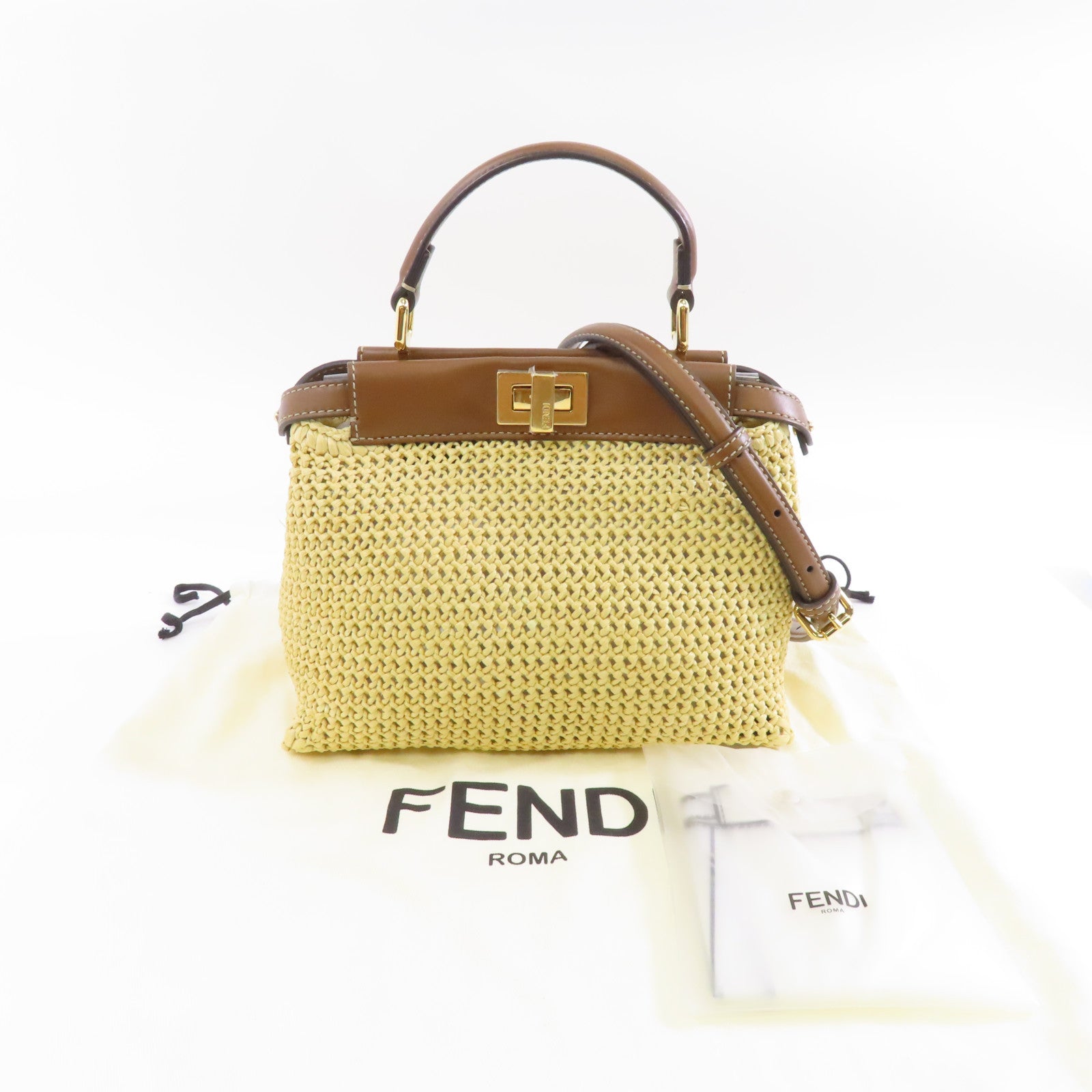 FENDI 【激減優惠】酒椰Mini Peekaboo金扣手挽肩背兩用袋米色/棕色