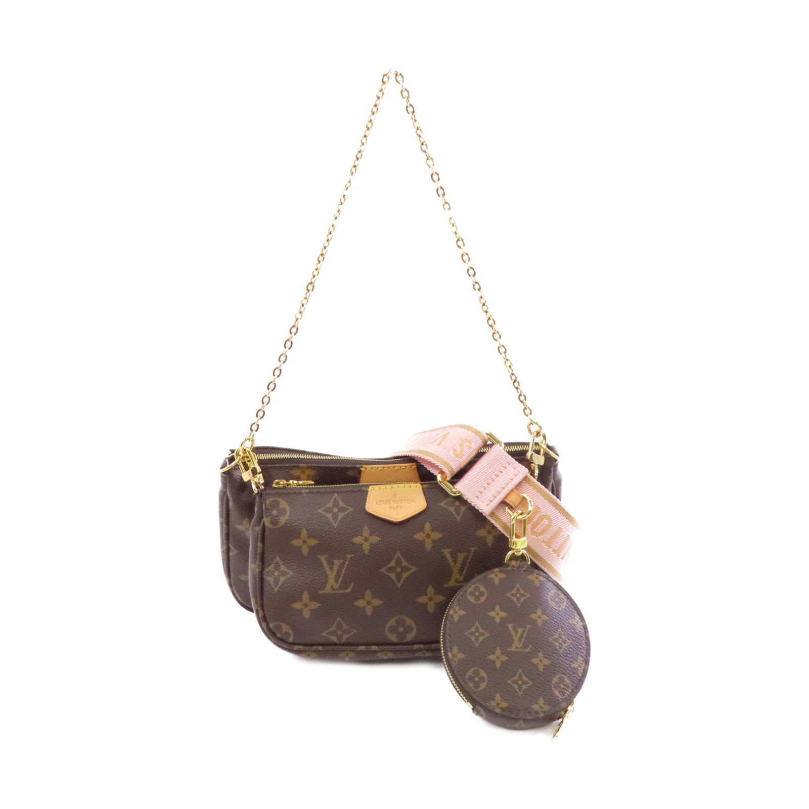 LOUIS VUITTON Monogram Multi Pochette Accessoires金扣鏈帶手挽肩背兩用袋啡色/粉紅色