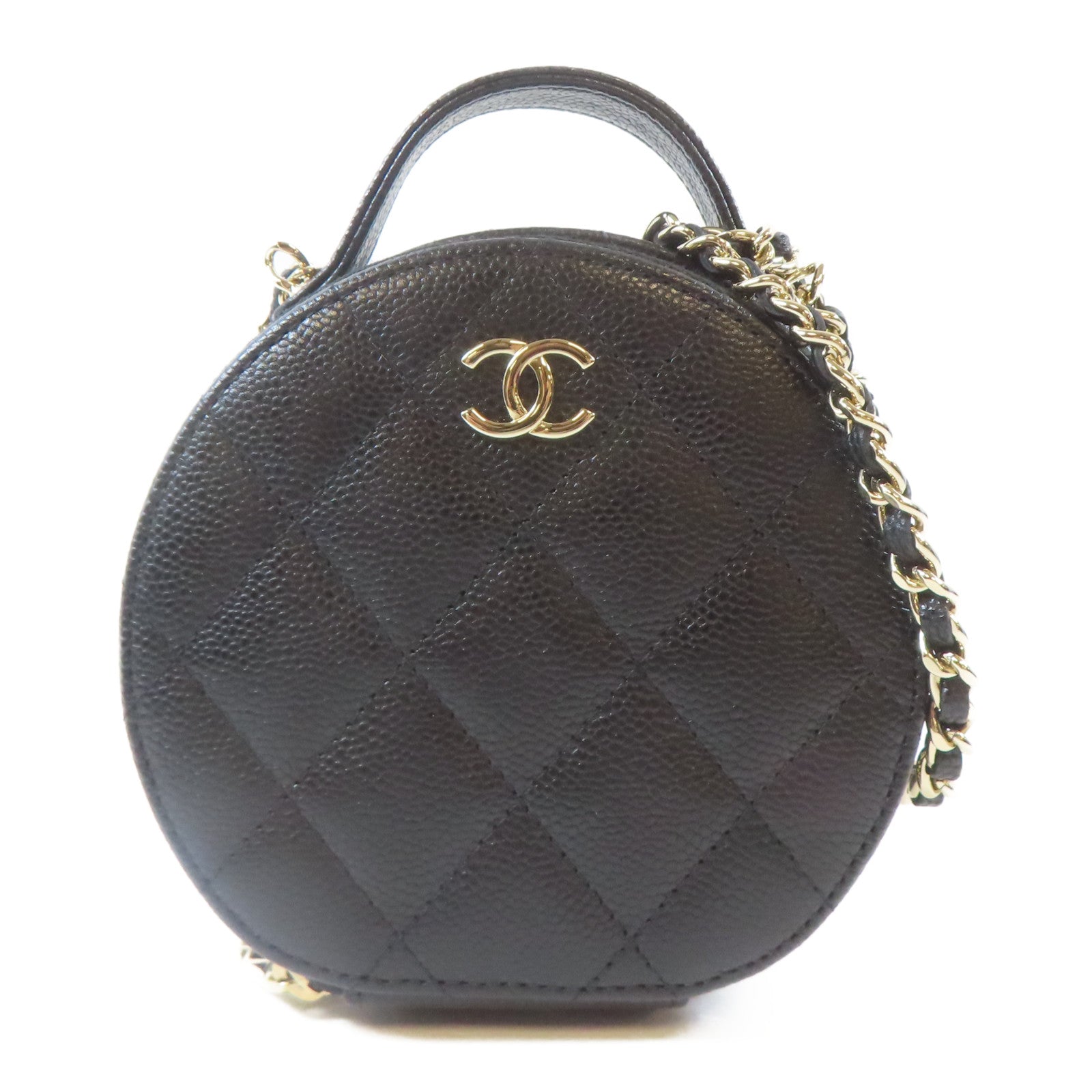 CHANEL 菱格Caviar皮革Chain Shoulder金扣手挽肩背兩用袋黑色
