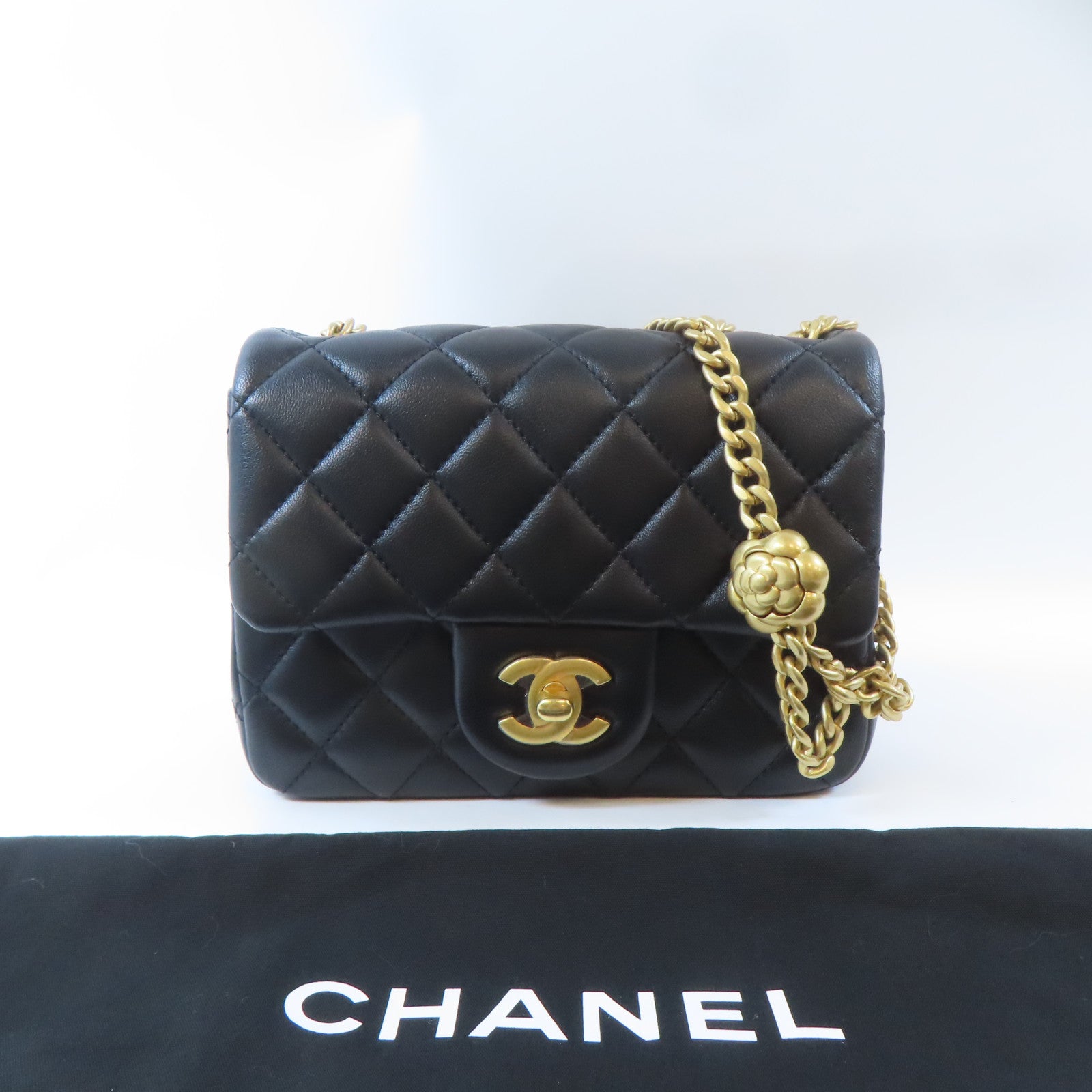 CHANEL 菱格羊皮皮革Mini Flap Bag金扣鏈帶肩背袋黑色