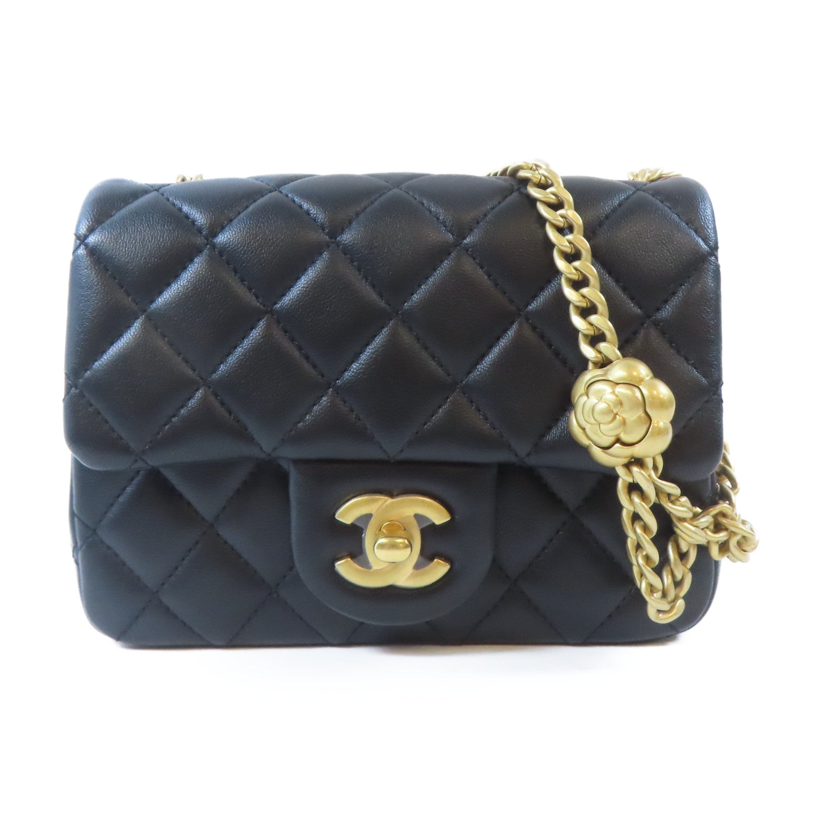 CHANEL 菱格羊皮皮革Mini Flap Bag金扣鏈帶肩背袋黑色