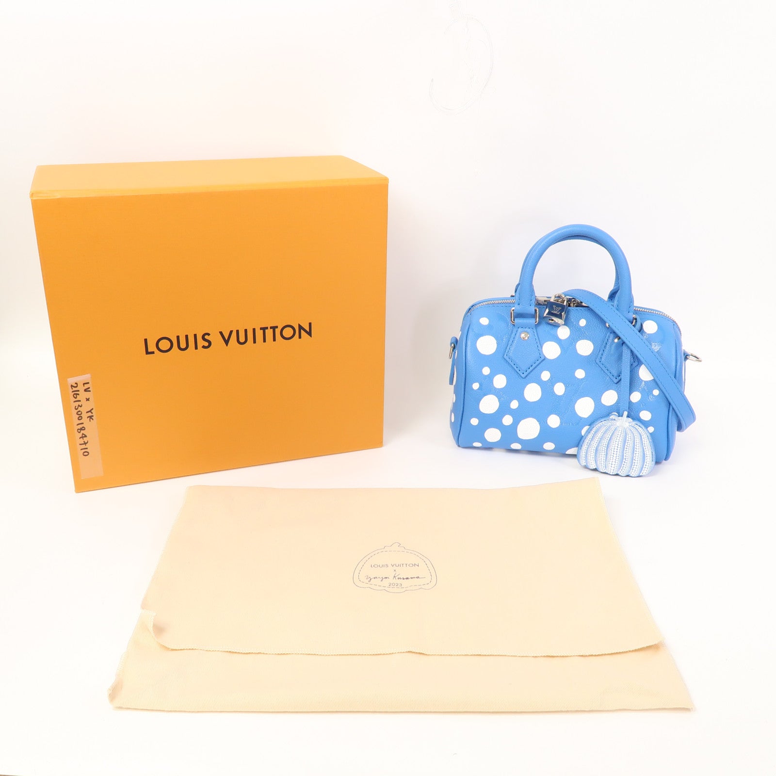 LOUIS VUITTON Monogram Empreinte LV x YK Speedy Bandouliere 20銀扣手挽肩背兩用袋藍色/白色