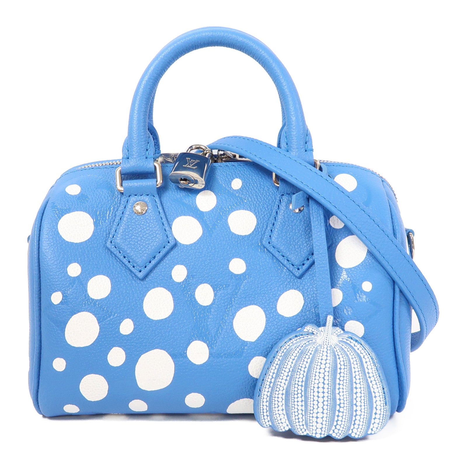 LOUIS VUITTON Monogram Empreinte LV x YK Speedy Bandouliere 20銀扣手挽肩背兩用袋藍色/白色