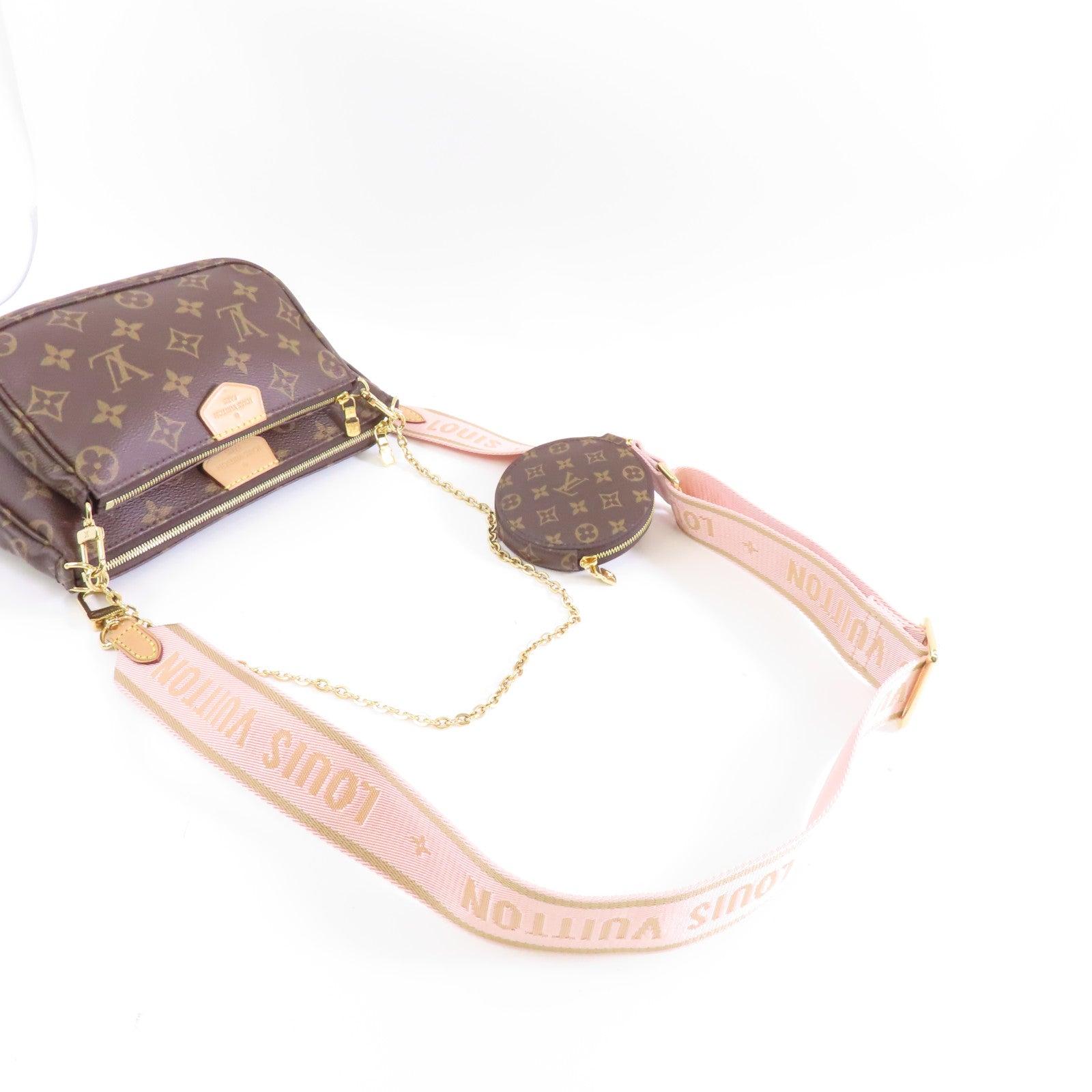 LOUIS VUITTON Monogram Multi Pochette Accessoires金扣鏈帶手挽肩背兩用袋啡色/粉紅色
