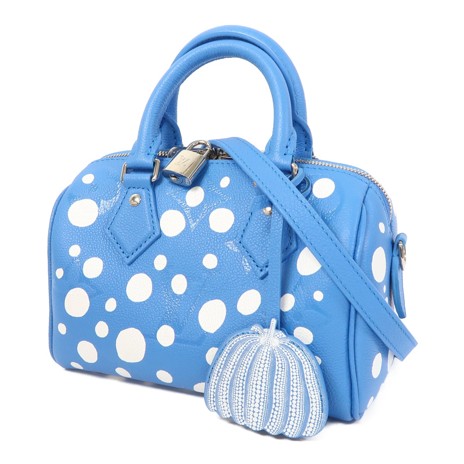 LOUIS VUITTON Monogram Empreinte LV x YK Speedy Bandouliere 20銀扣手挽肩背兩用袋藍色/白色