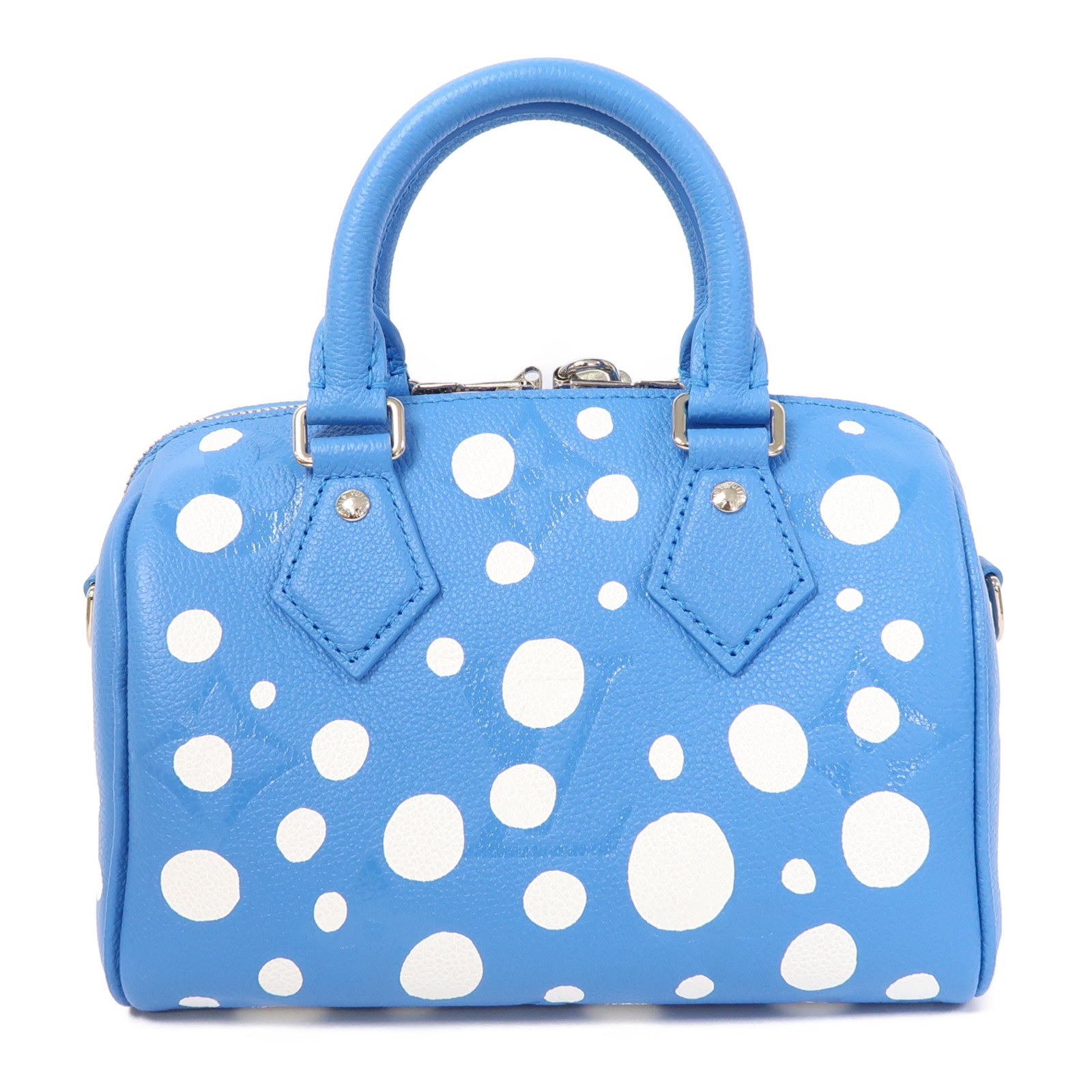 LOUIS VUITTON Monogram Empreinte LV x YK Speedy Bandouliere 20銀扣手挽肩背兩用袋藍色/白色