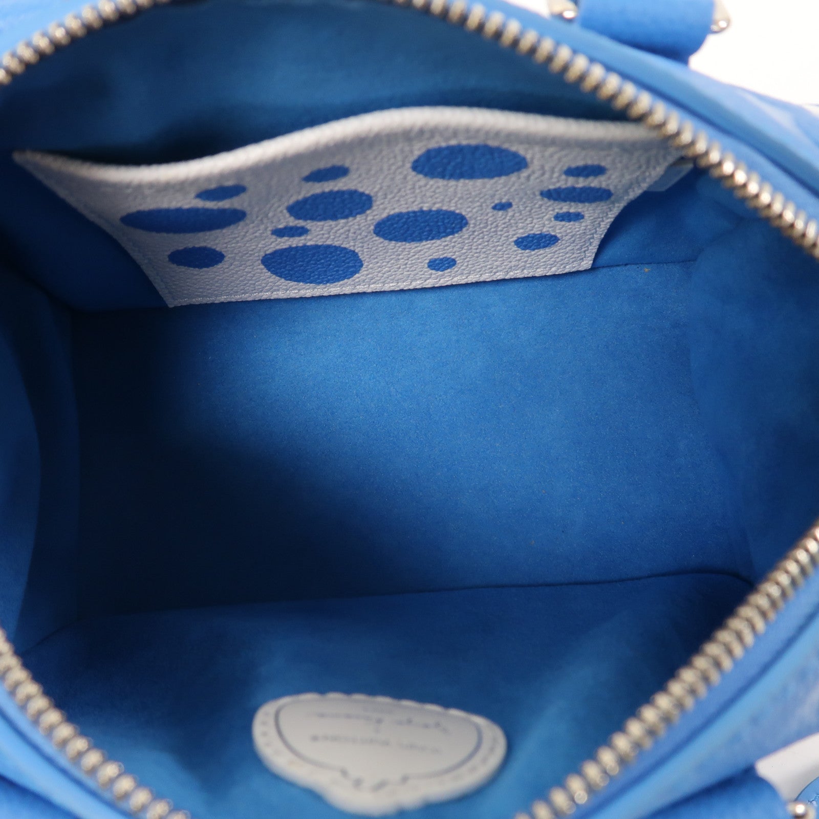 LOUIS VUITTON Monogram Empreinte LV x YK Speedy Bandouliere 20銀扣手挽肩背兩用袋藍色/白色
