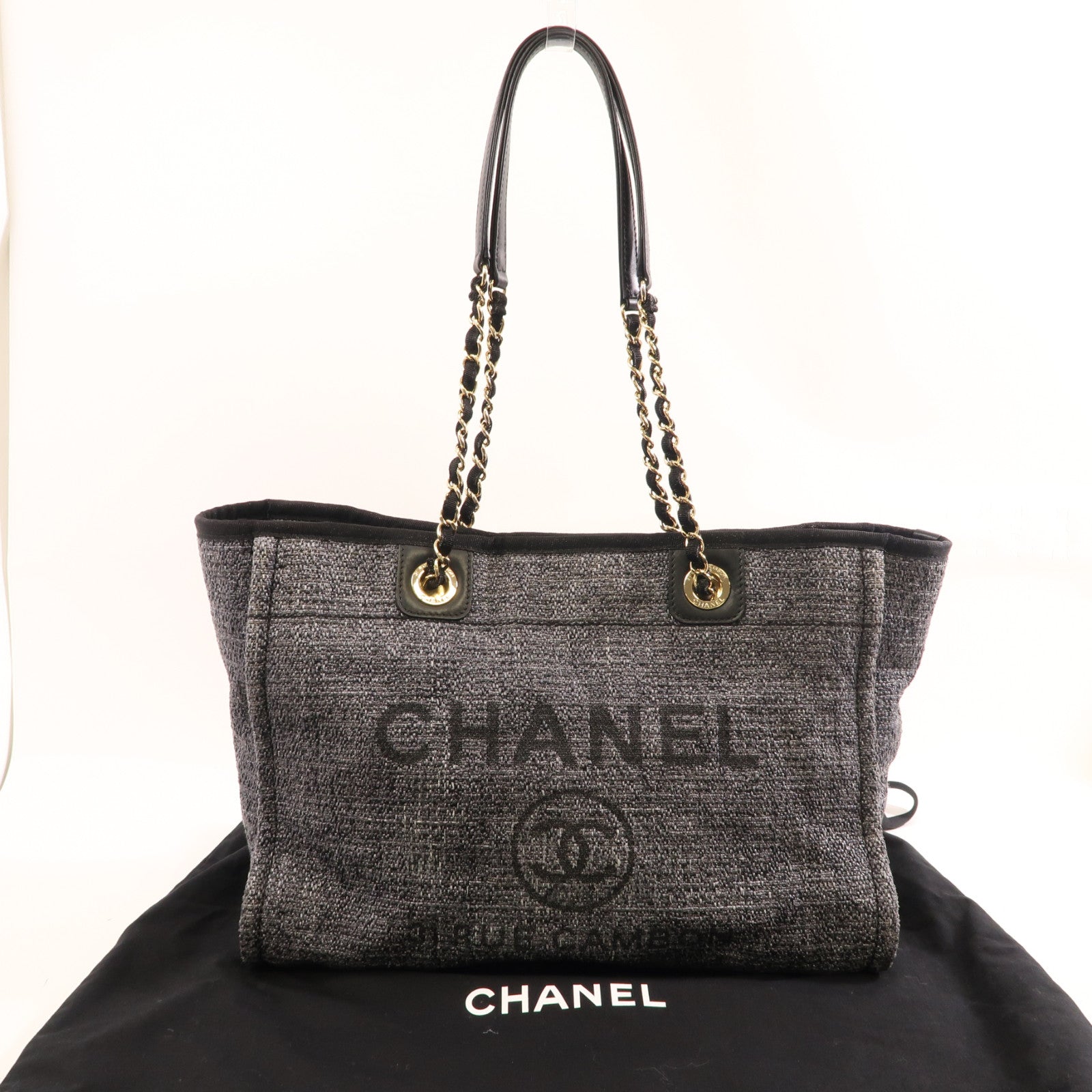 CHANEL 粗花呢Deauville Tote金扣鏈帶肩背袋灰色/黑色