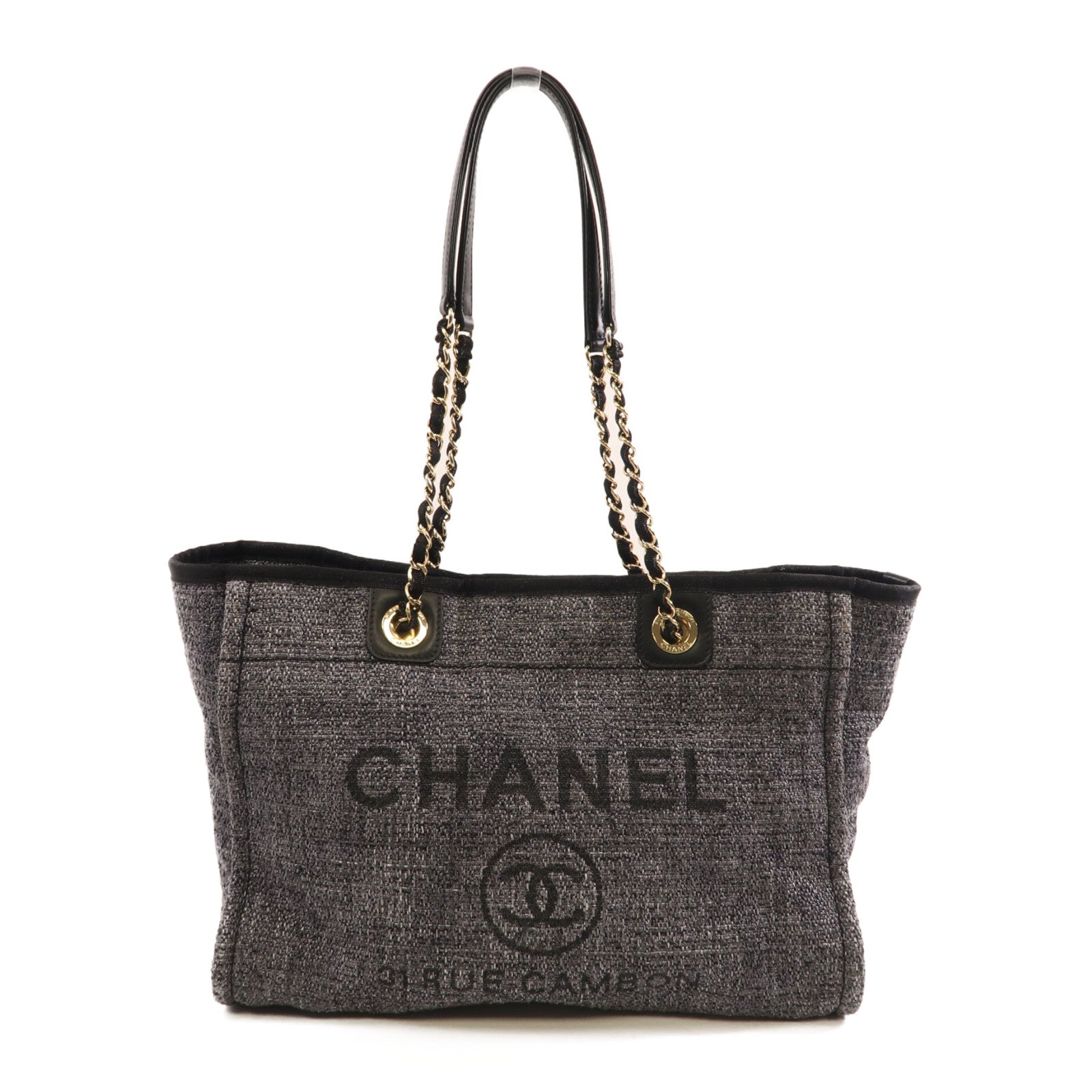 CHANEL 粗花呢Deauville Tote金扣鏈帶肩背袋灰色/黑色