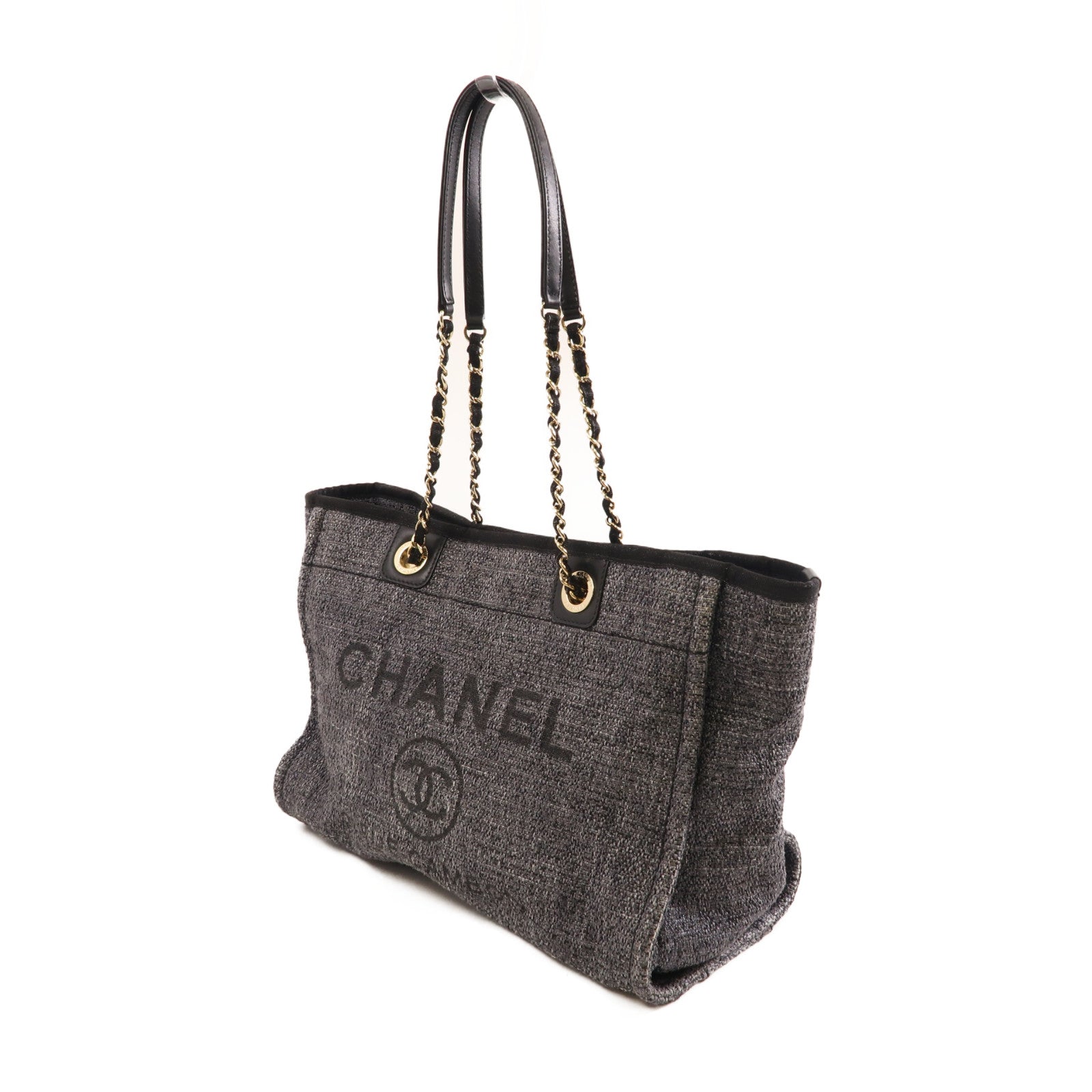 CHANEL 粗花呢Deauville Tote金扣鏈帶肩背袋灰色/黑色