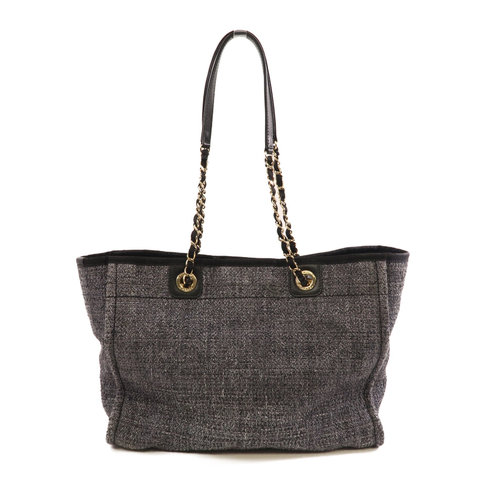 CHANEL 粗花呢Deauville Tote金扣鏈帶肩背袋灰色/黑色