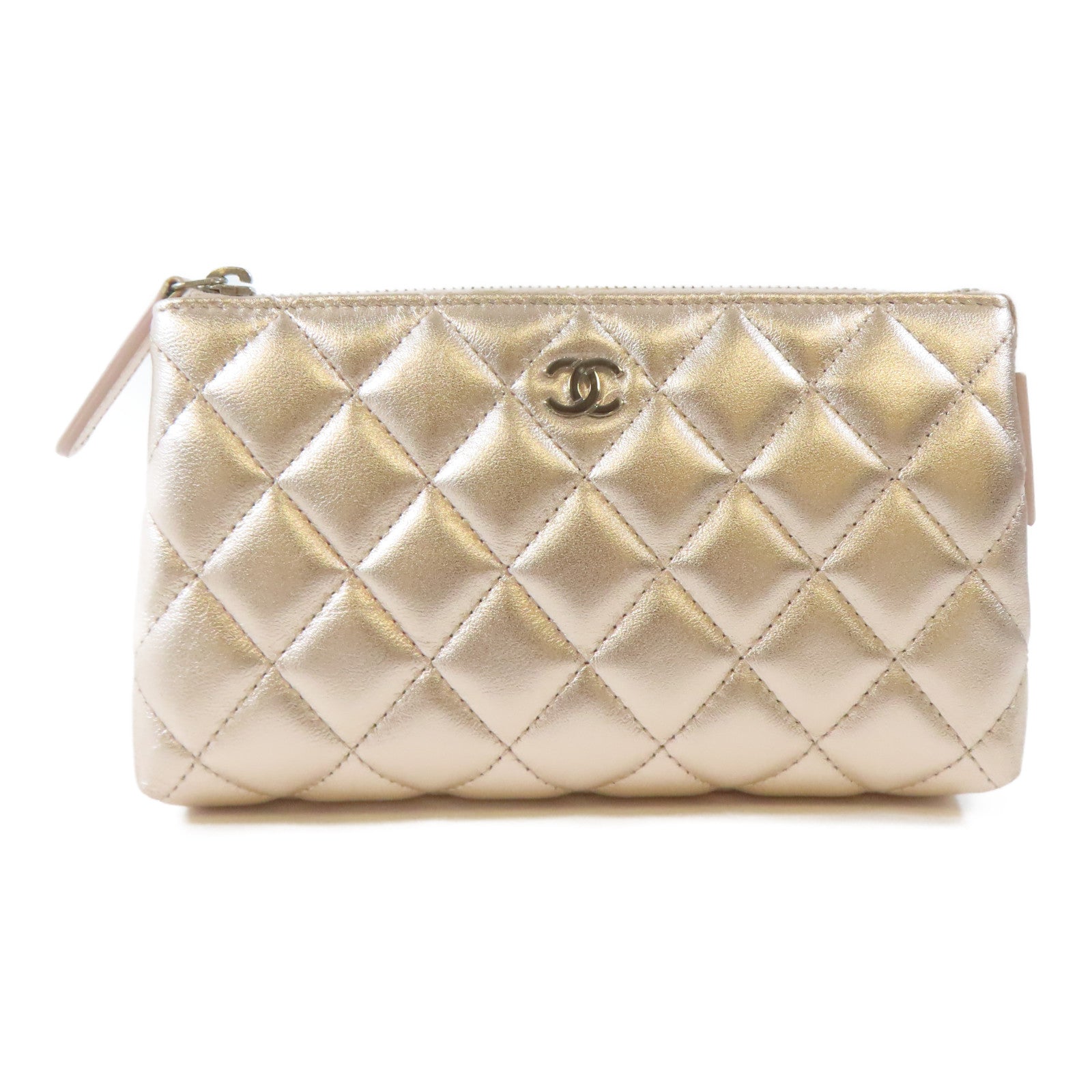 CHANEL 【激減優惠】菱格羊皮皮革Pouch銀扣化妝袋粉紅色