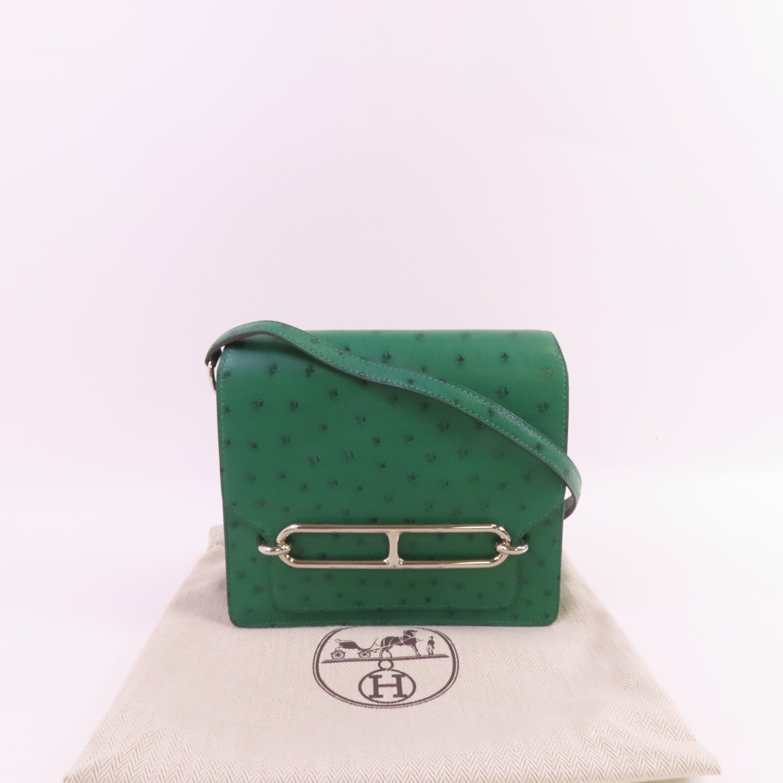 HERMES 鴕鳥皮革Mini Roulis銀扣肩背袋U4 Vert Vertigo