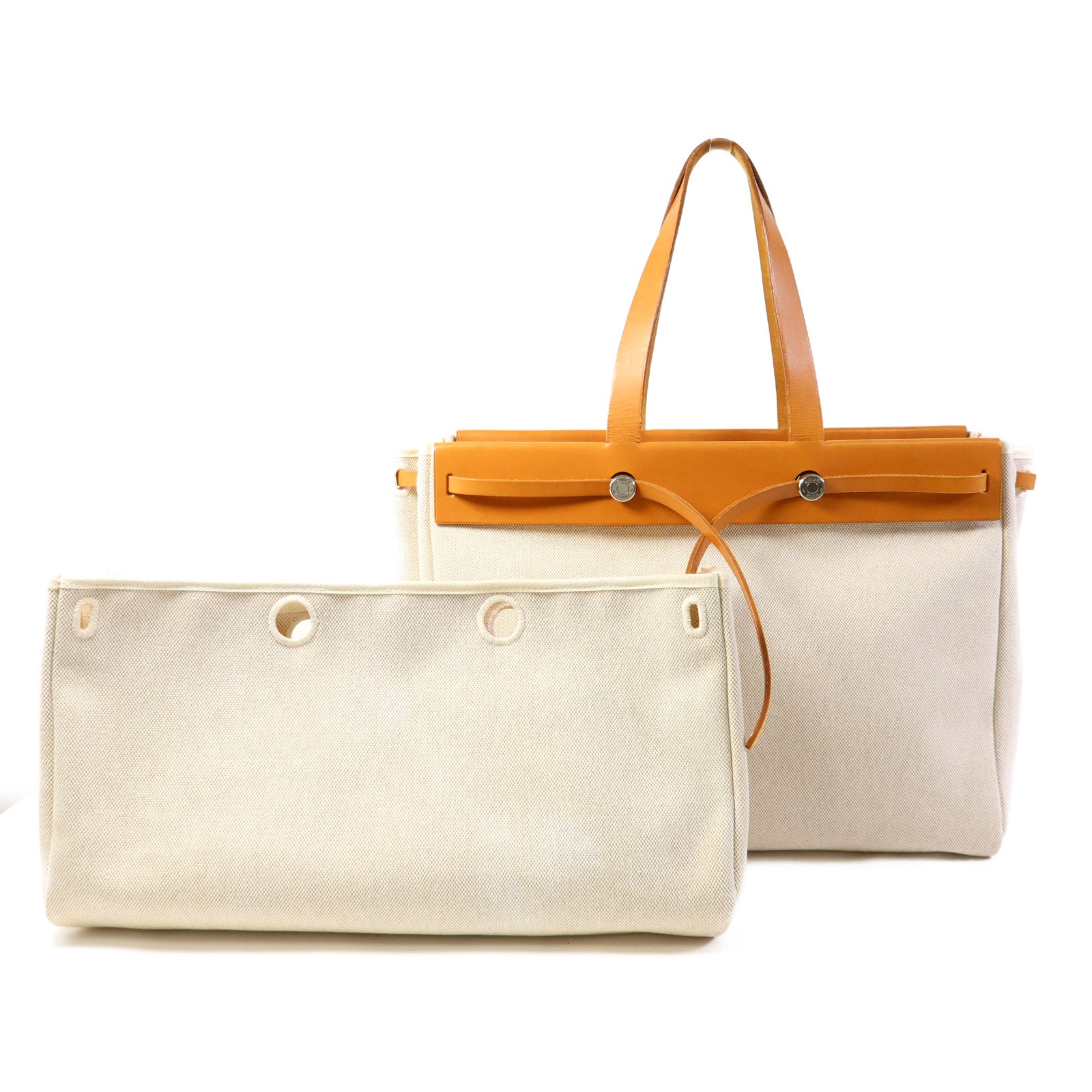 HERMES 帆布/皮革Kabas MM銀扣肩背袋