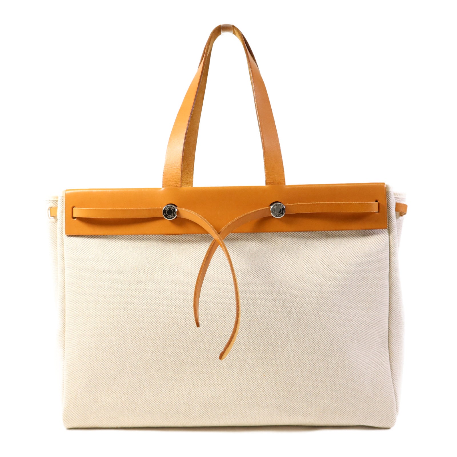 HERMES 帆布/皮革Kabas MM銀扣肩背袋