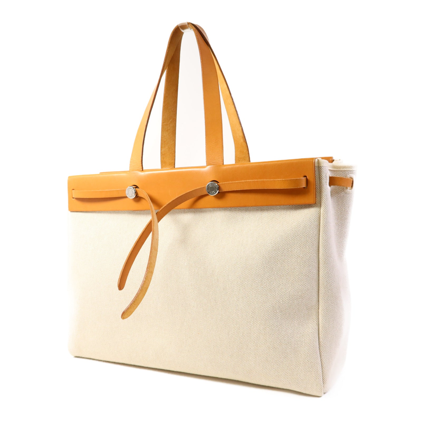 HERMES 帆布/皮革Kabas MM銀扣肩背袋