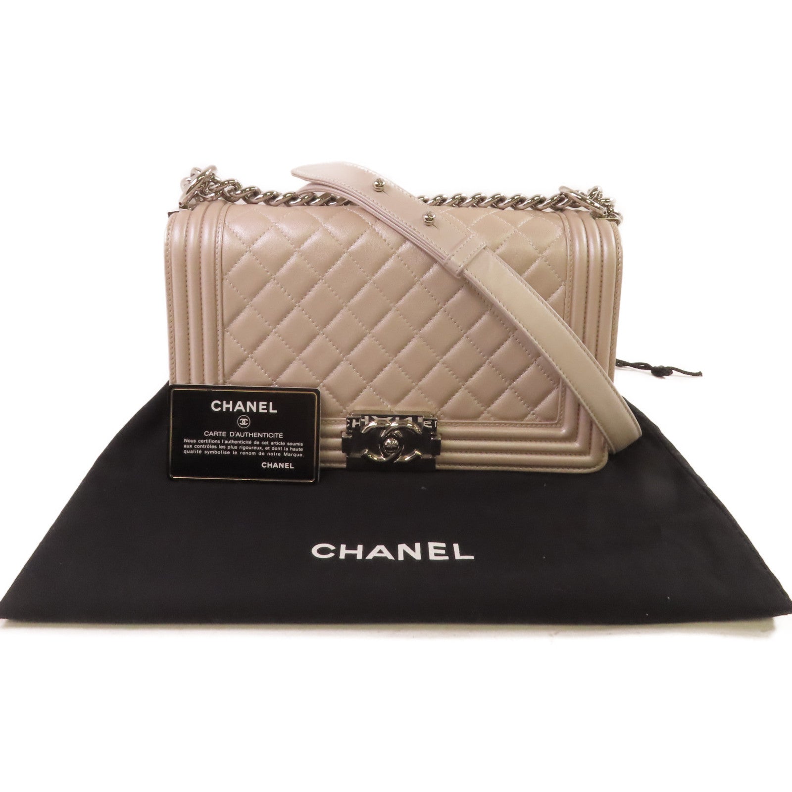 CHANEL 【激減優惠】菱格羊皮皮革Boy Chanel Chain Shoulder Bag銀扣鏈帶肩背袋珍珠粉紅色