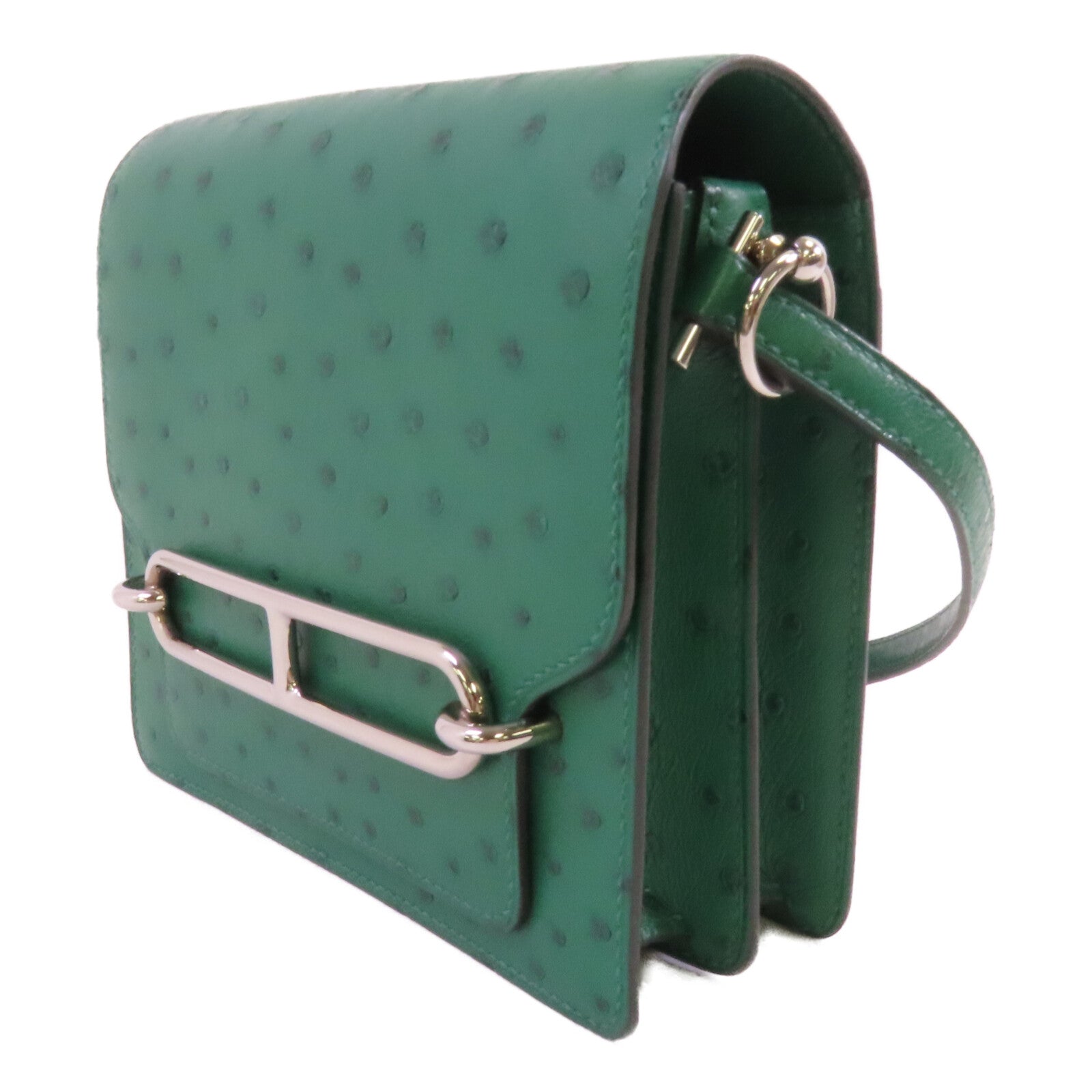 HERMES 鴕鳥皮革Mini Roulis銀扣肩背袋U4 Vert Vertigo