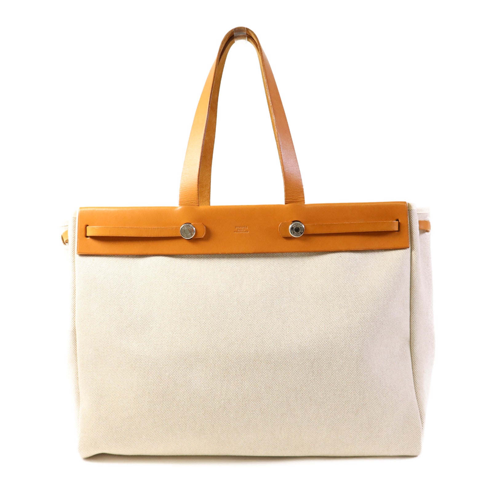 HERMES 帆布/皮革Kabas MM銀扣肩背袋