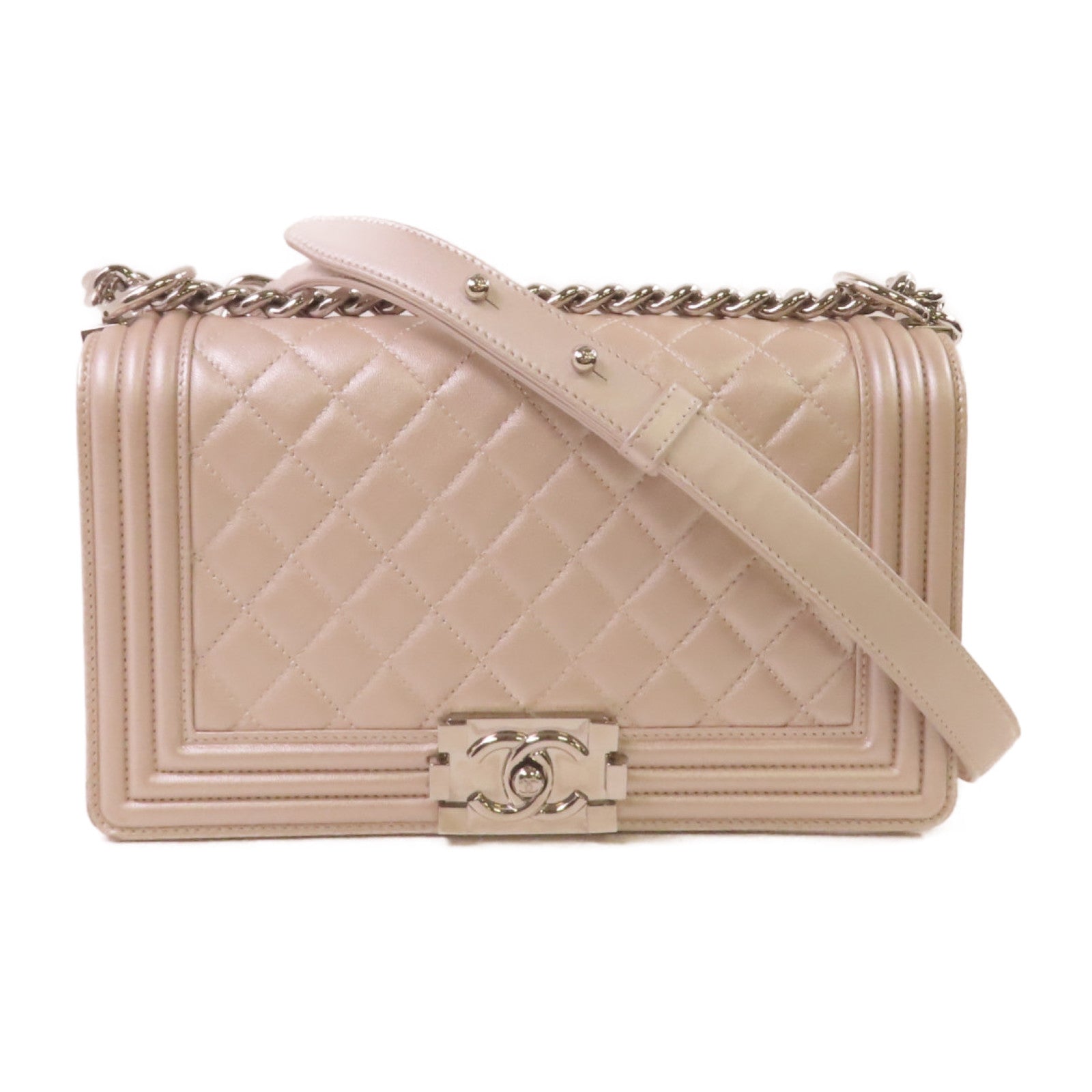 CHANEL 【激減優惠】菱格羊皮皮革Boy Chanel Chain Shoulder Bag銀扣鏈帶肩背袋珍珠粉紅色
