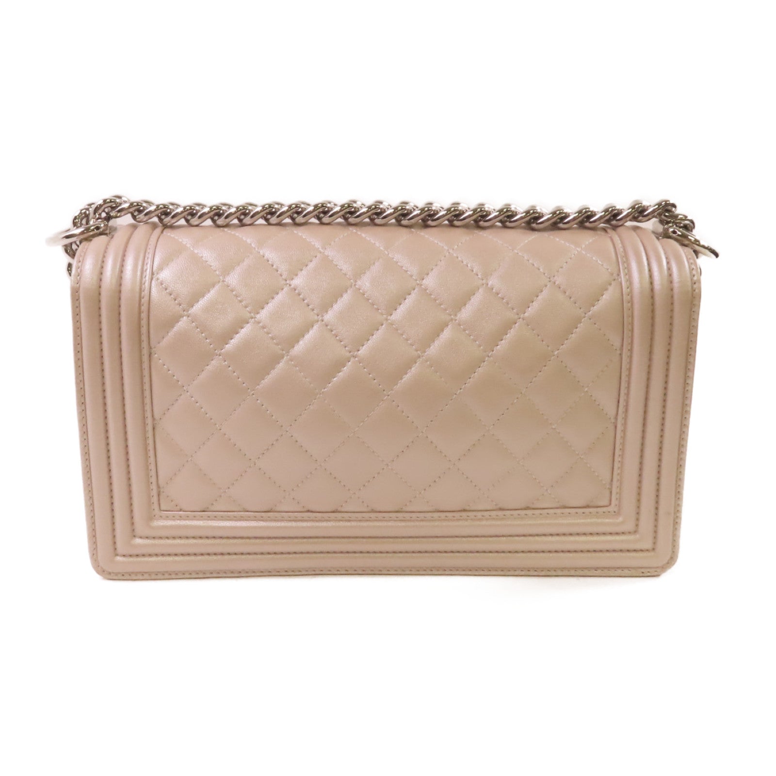 CHANEL 【激減優惠】菱格羊皮皮革Boy Chanel Chain Shoulder Bag銀扣鏈帶肩背袋珍珠粉紅色