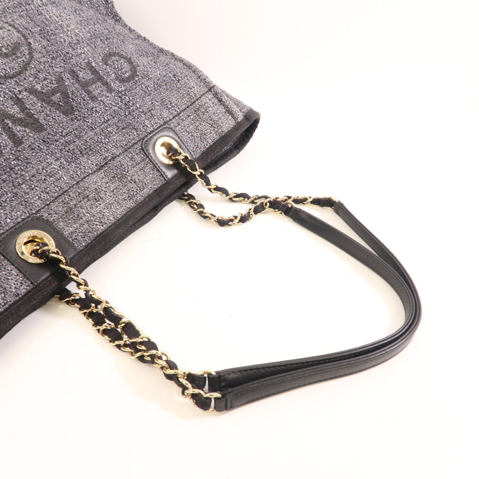 CHANEL 粗花呢Deauville Tote金扣鏈帶肩背袋灰色/黑色