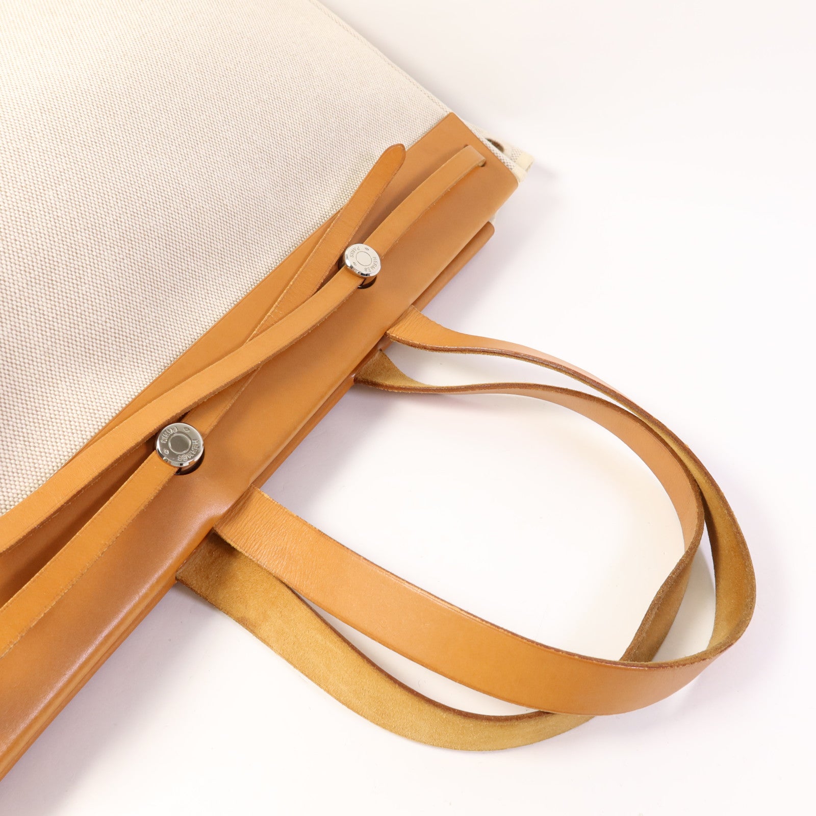 HERMES 帆布/皮革Kabas MM銀扣肩背袋