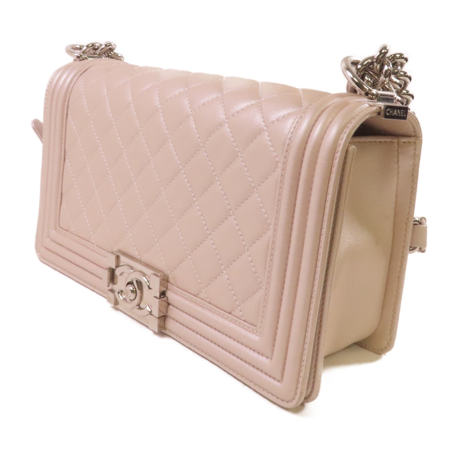 CHANEL 【激減優惠】菱格羊皮皮革Boy Chanel Chain Shoulder Bag銀扣鏈帶肩背袋珍珠粉紅色