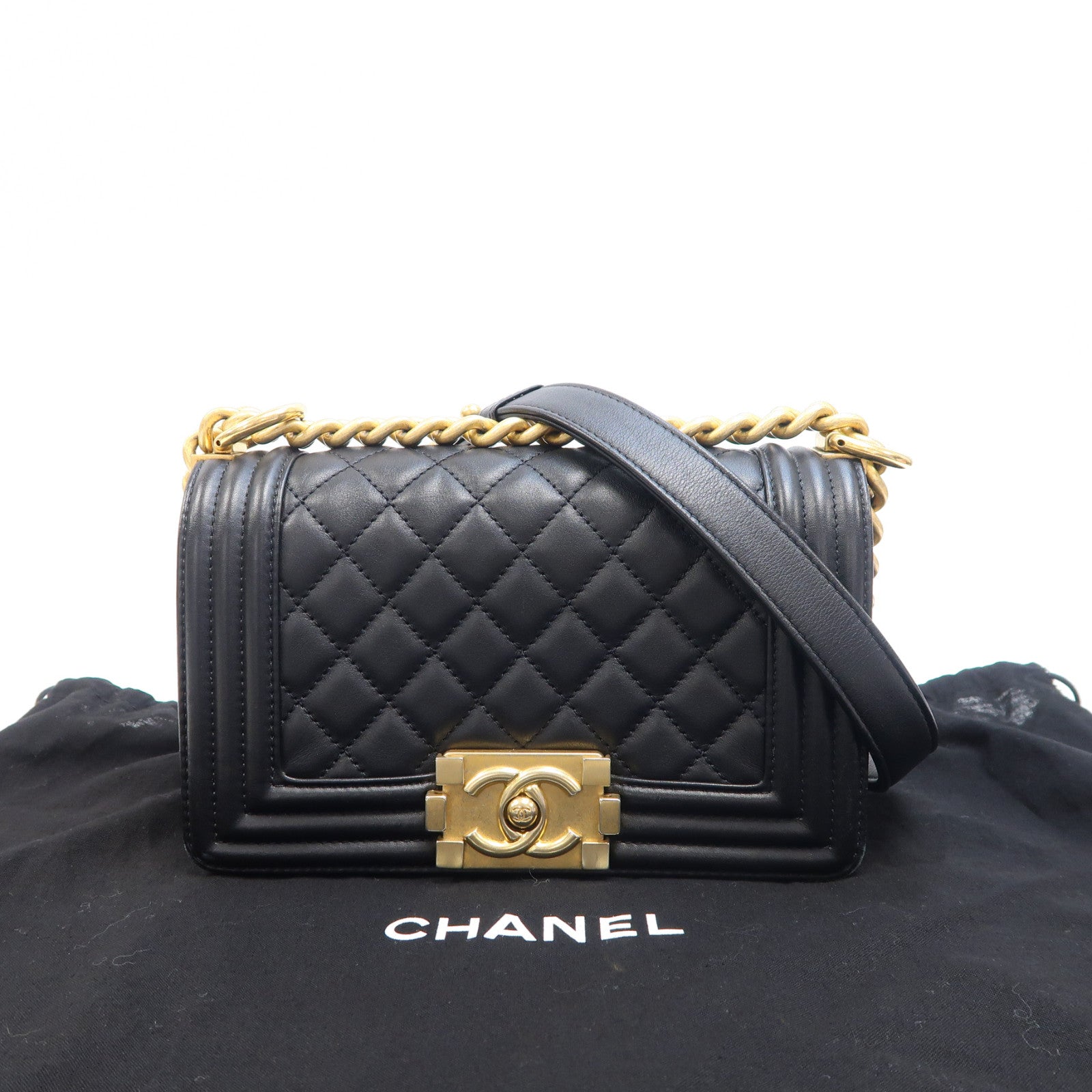 CHANEL 菱格羊皮皮革Boy 20金扣鏈帶肩背袋黑色
