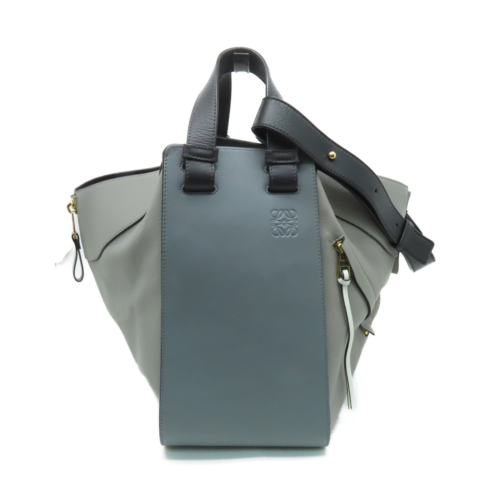 LOEWE 【清倉大減價】牛皮皮革Hammock金扣手挽肩背兩用袋黑色/灰色