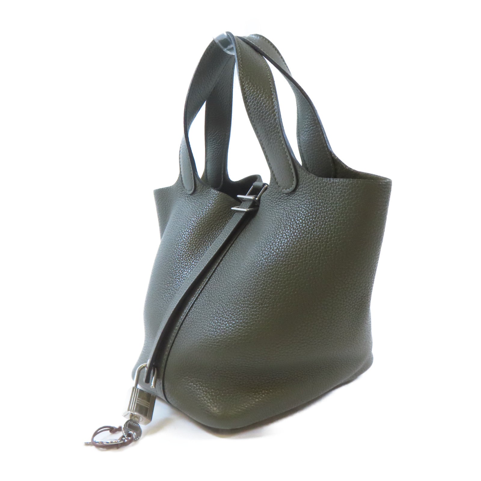 HERMES Clemence皮革Picotin PM銀扣手挽袋Vert Olive綠色