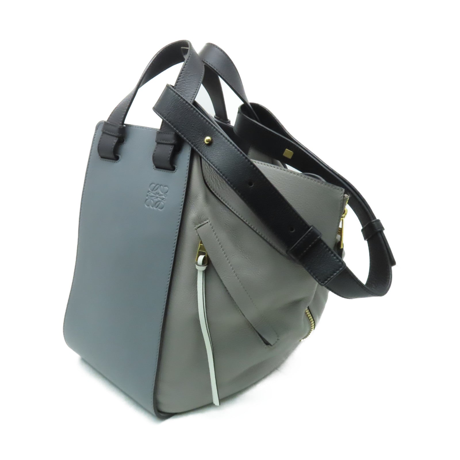 LOEWE 【清倉大減價】牛皮皮革Hammock金扣手挽肩背兩用袋黑色/灰色