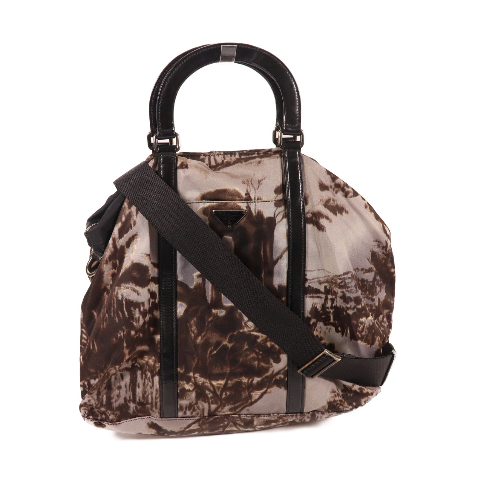PRADA 尼龍2 Way Shoulder銀扣手挽肩背兩用袋啡色